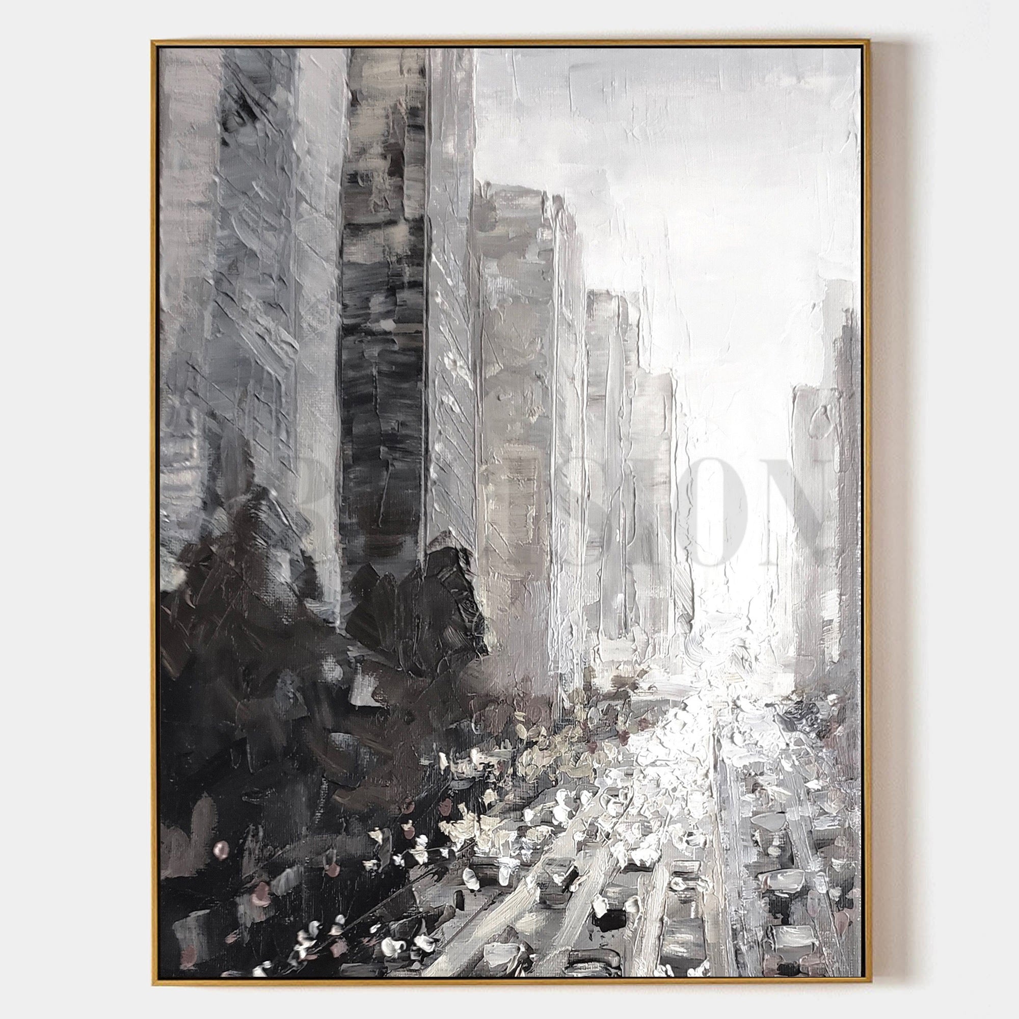 a black and white painting of a city street