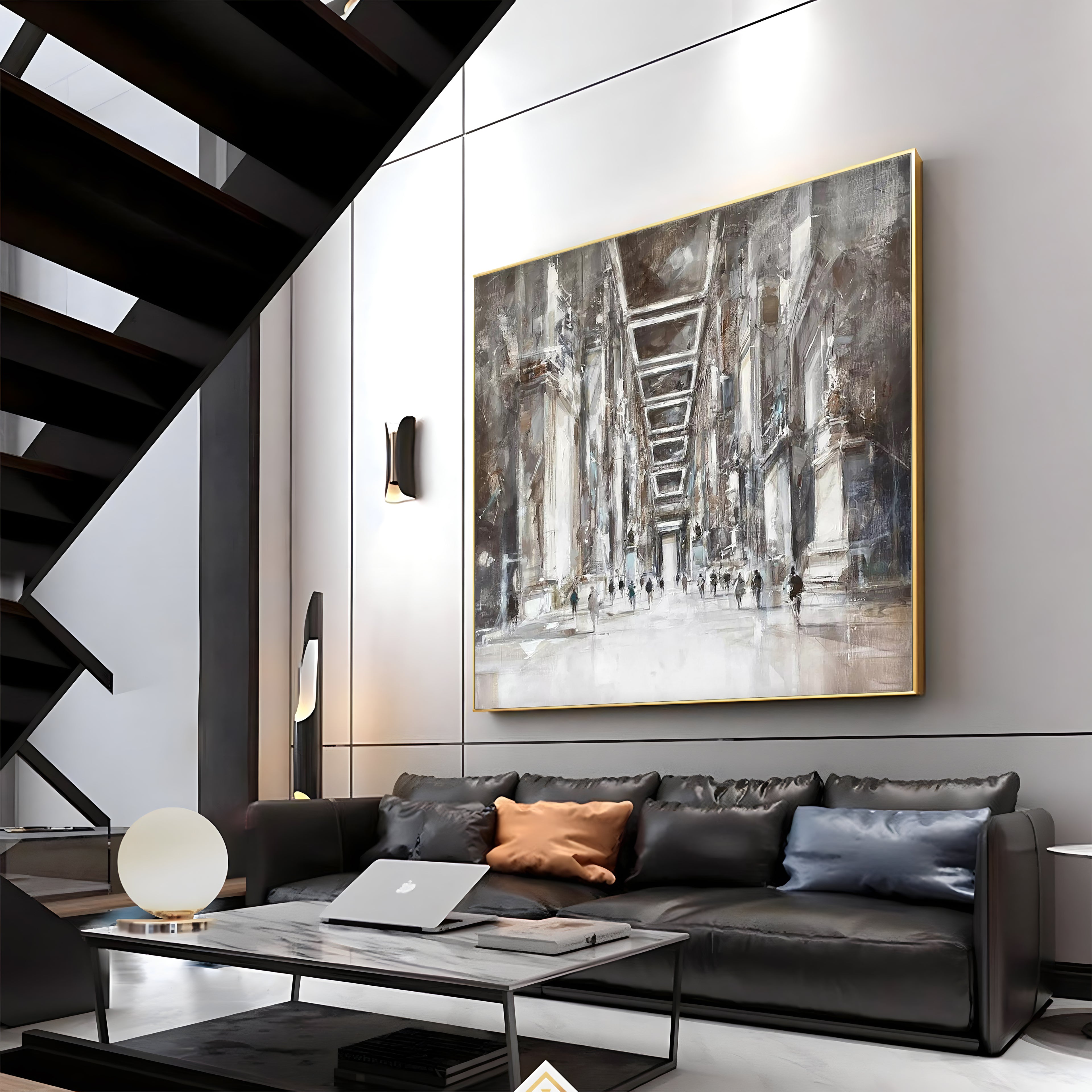 a living room with a couch a table and a staircase