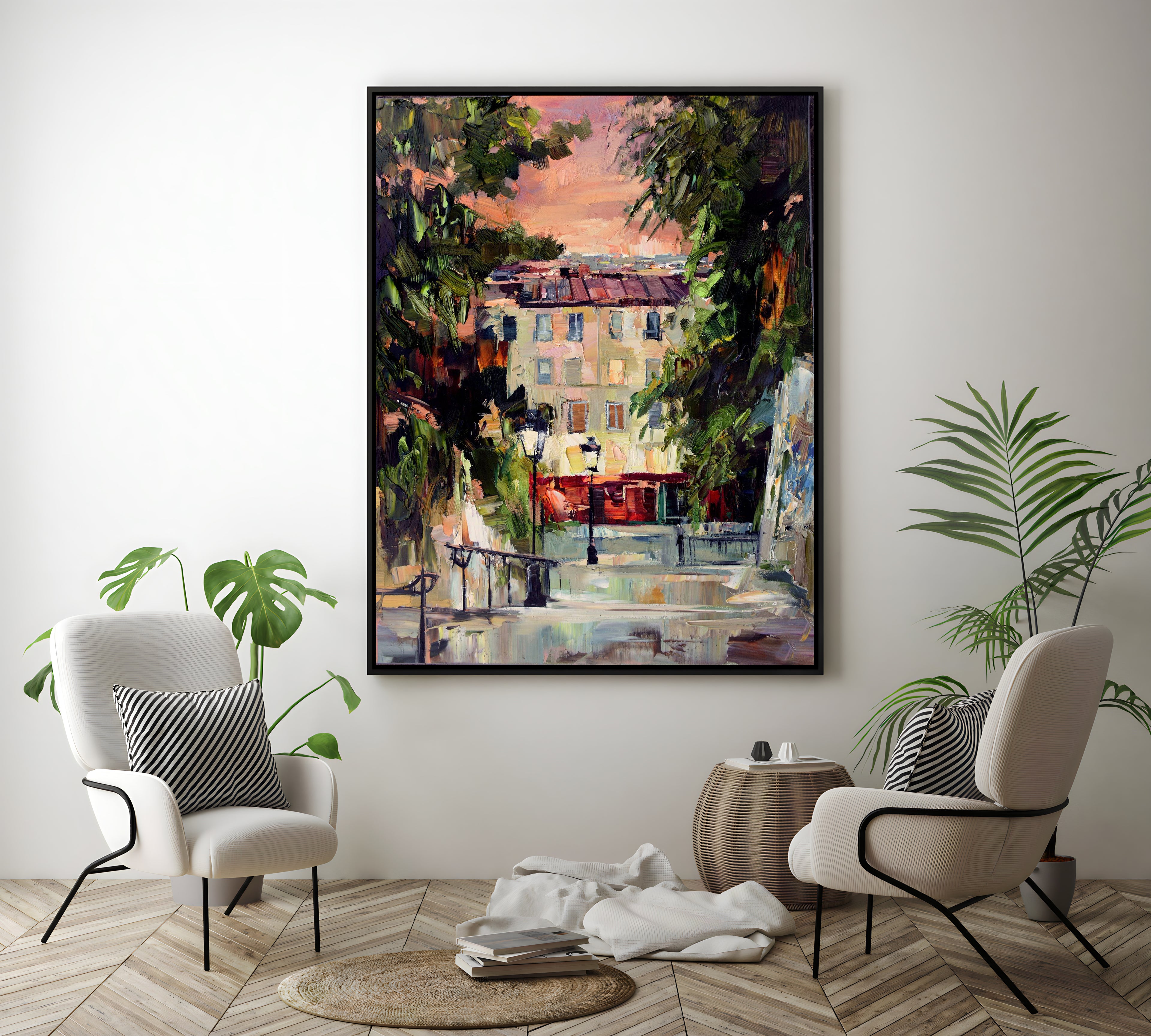 a painting of a city street in the daytime