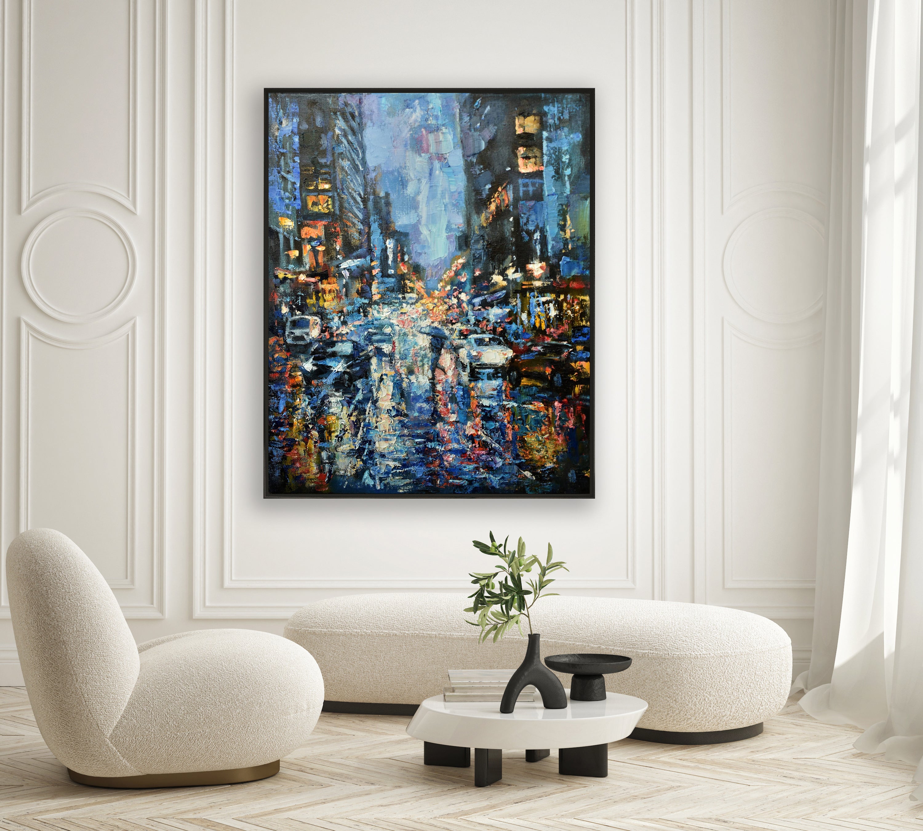 a painting of a city street at night