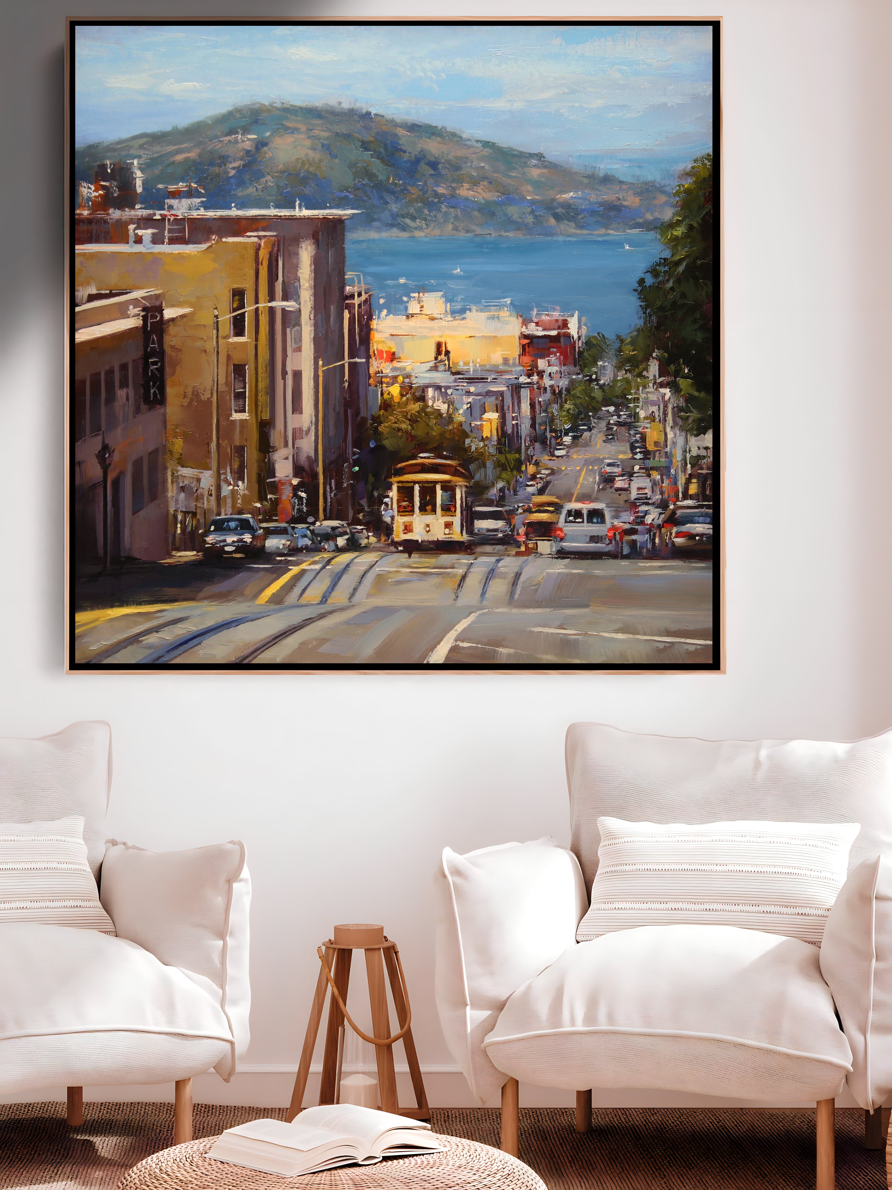 a painting of a city street with a cable car going down it