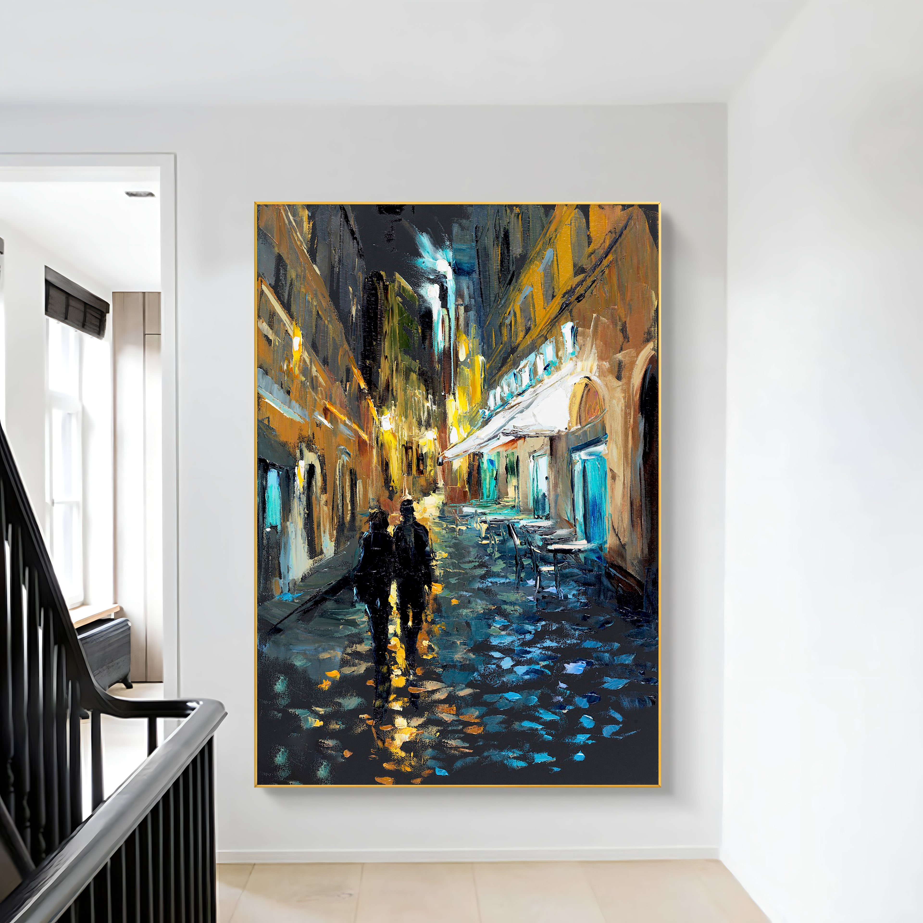 a painting of two people walking down a city street