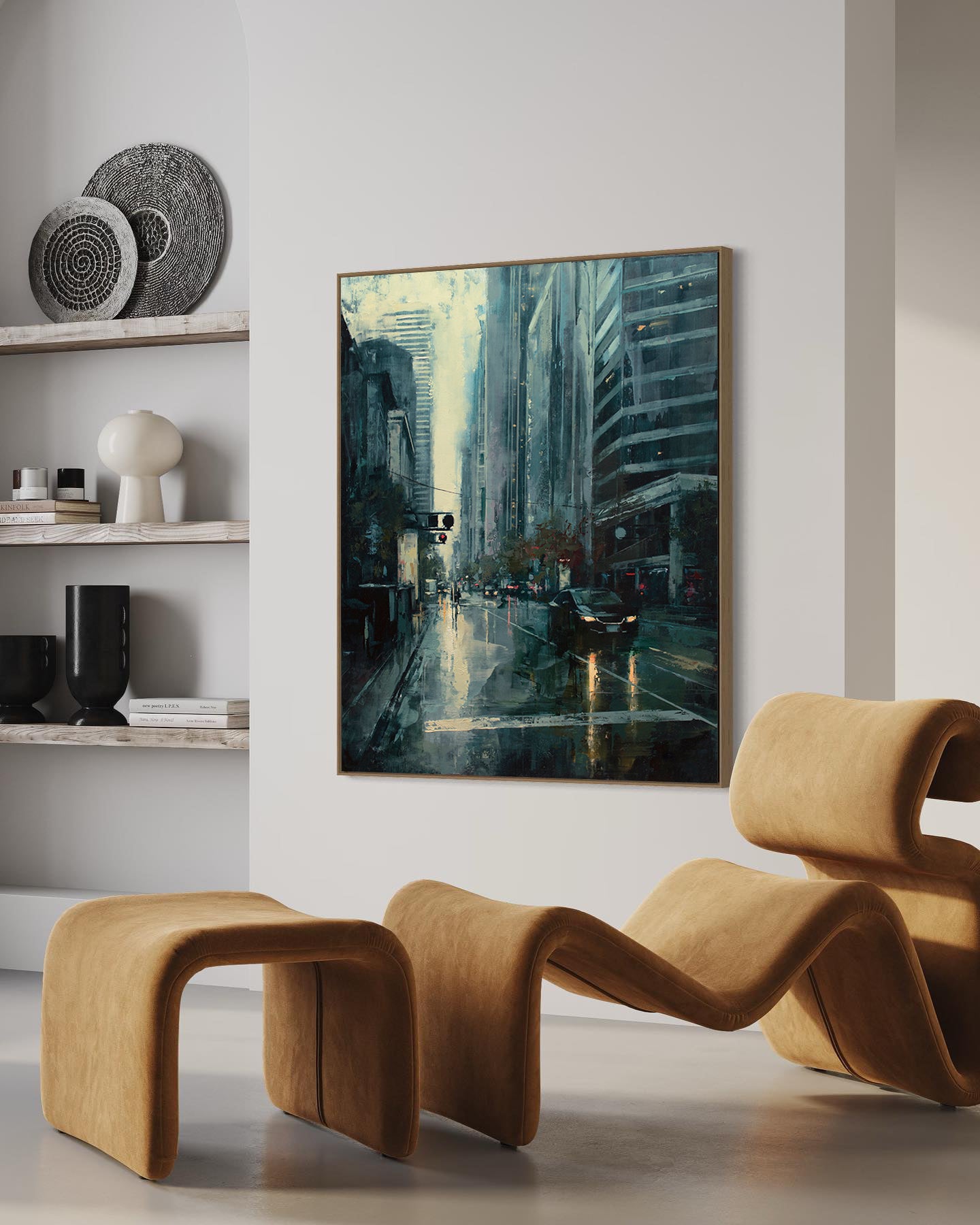 a painting of a city street in the rain
