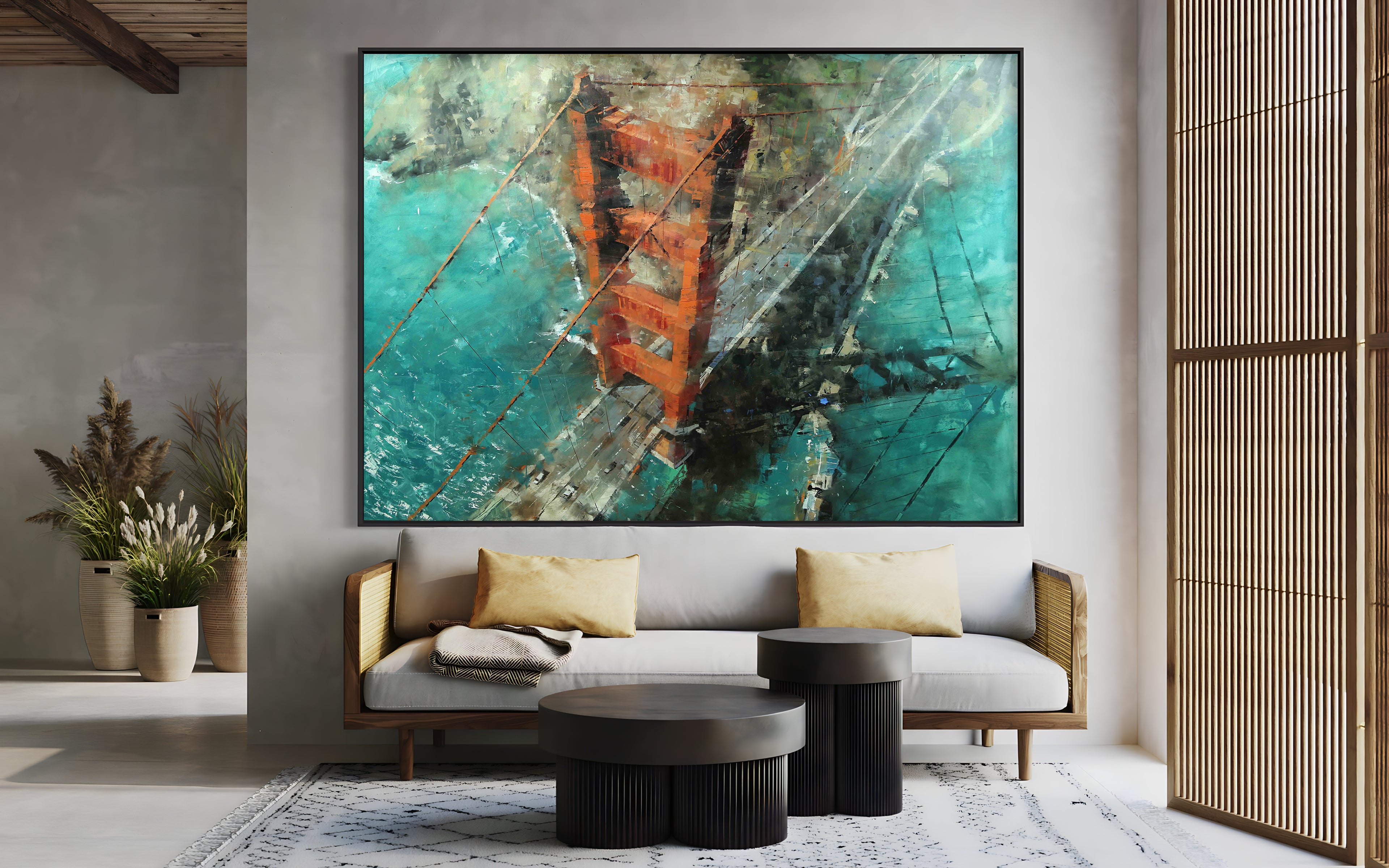 a living room with a couch and a painting on the wall
