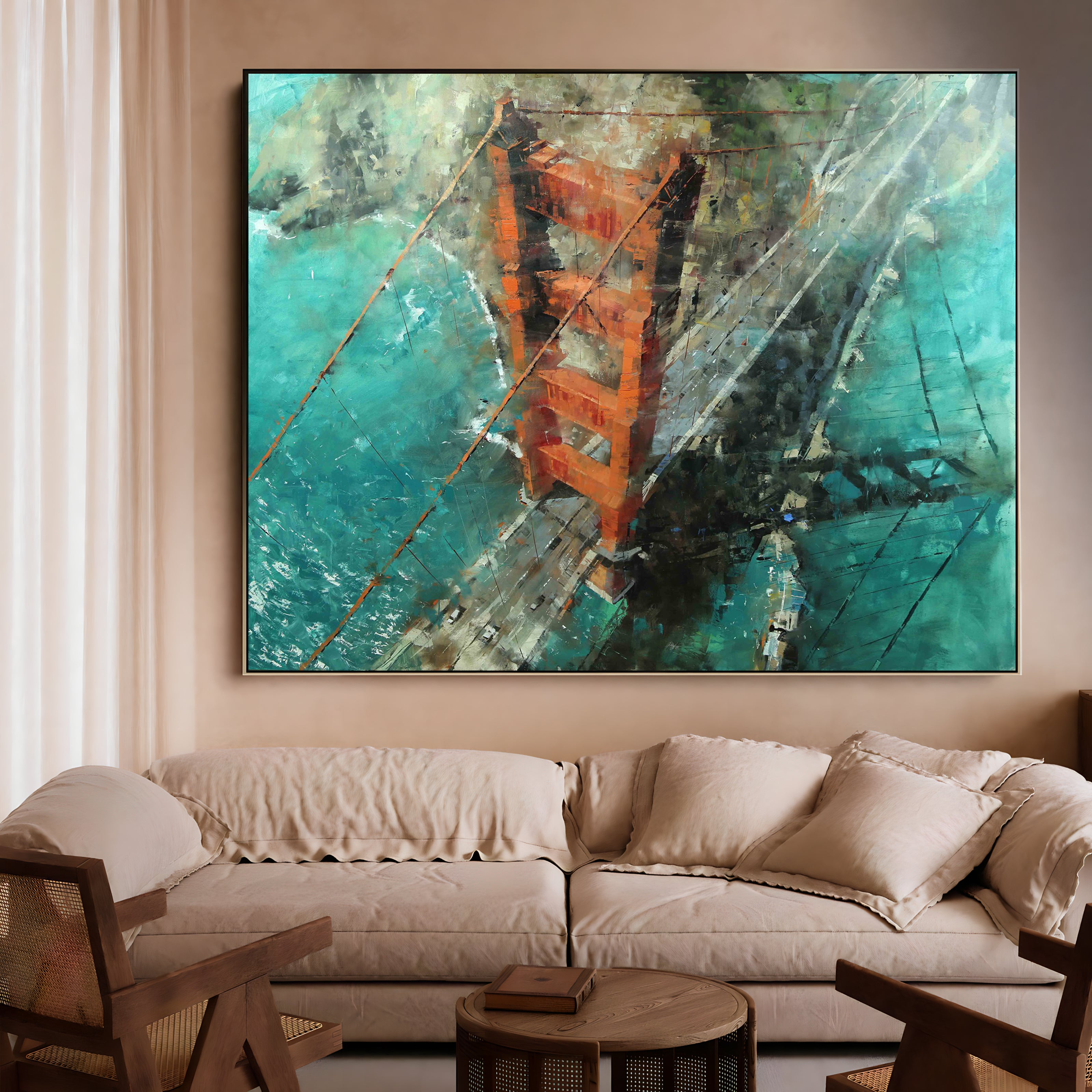 a living room filled with furniture and a painting on the wall