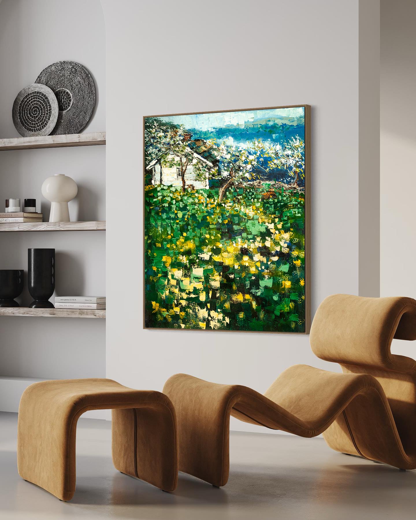 a living room with a painting on the wall