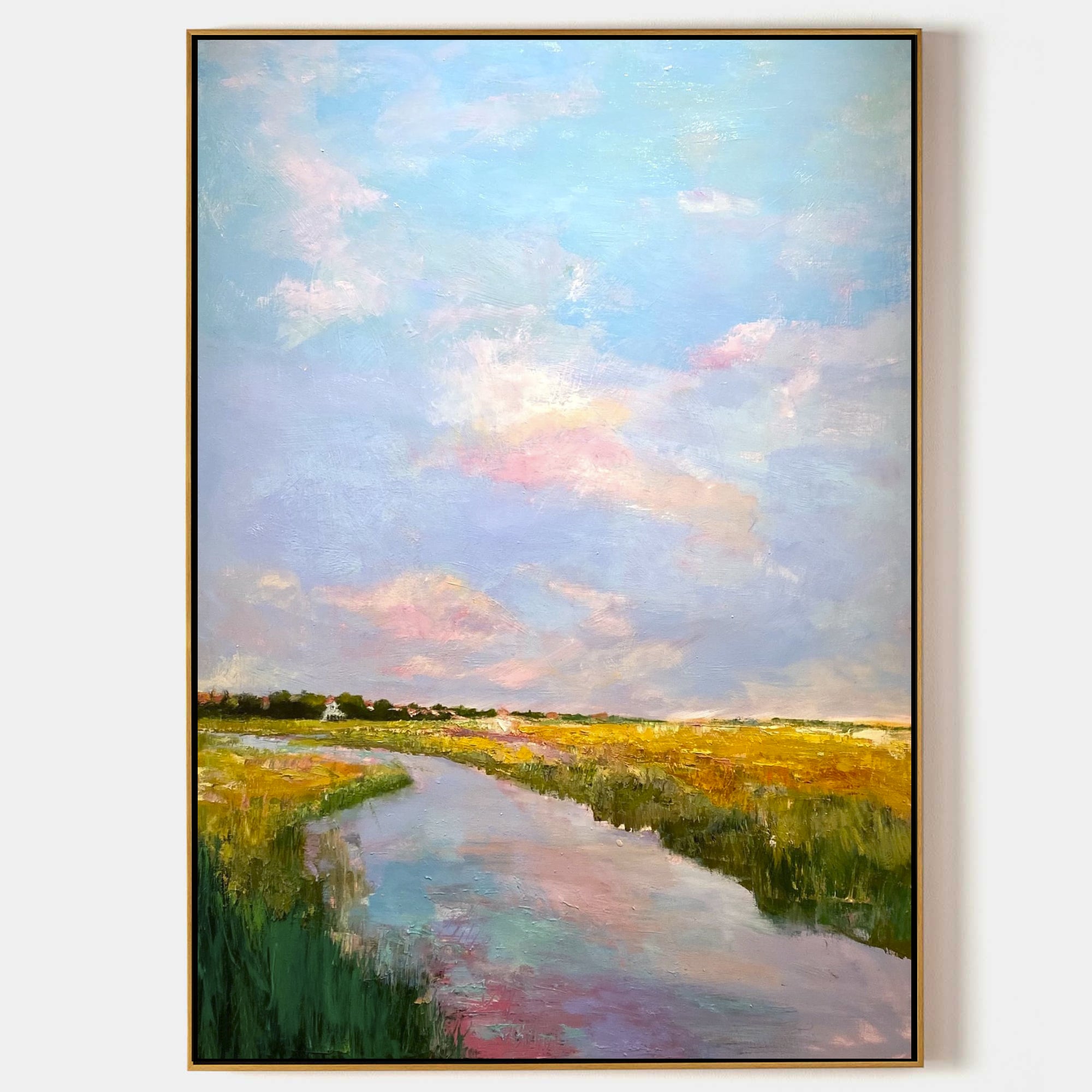 a painting of a river running through a field