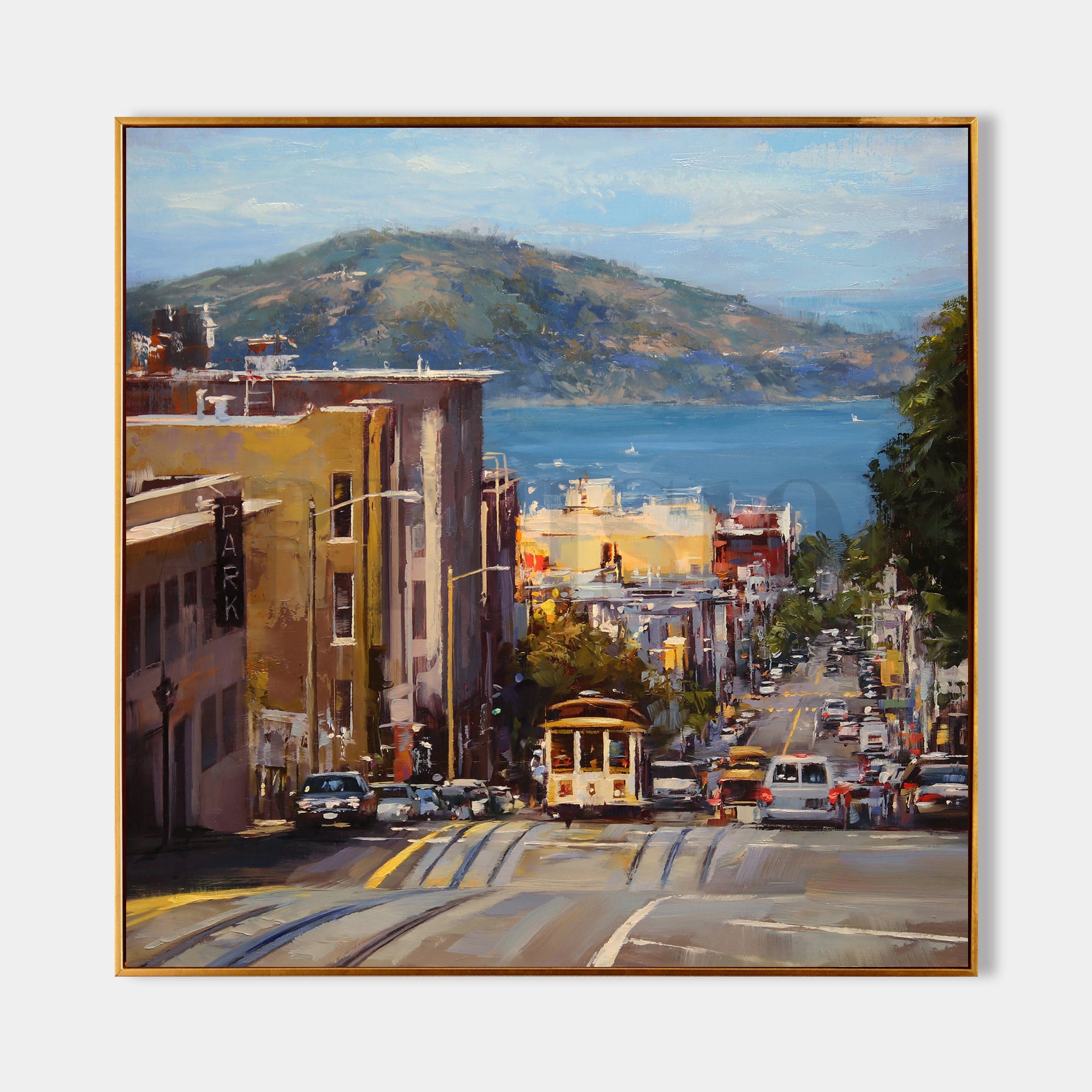 a painting of a cable car on a city street