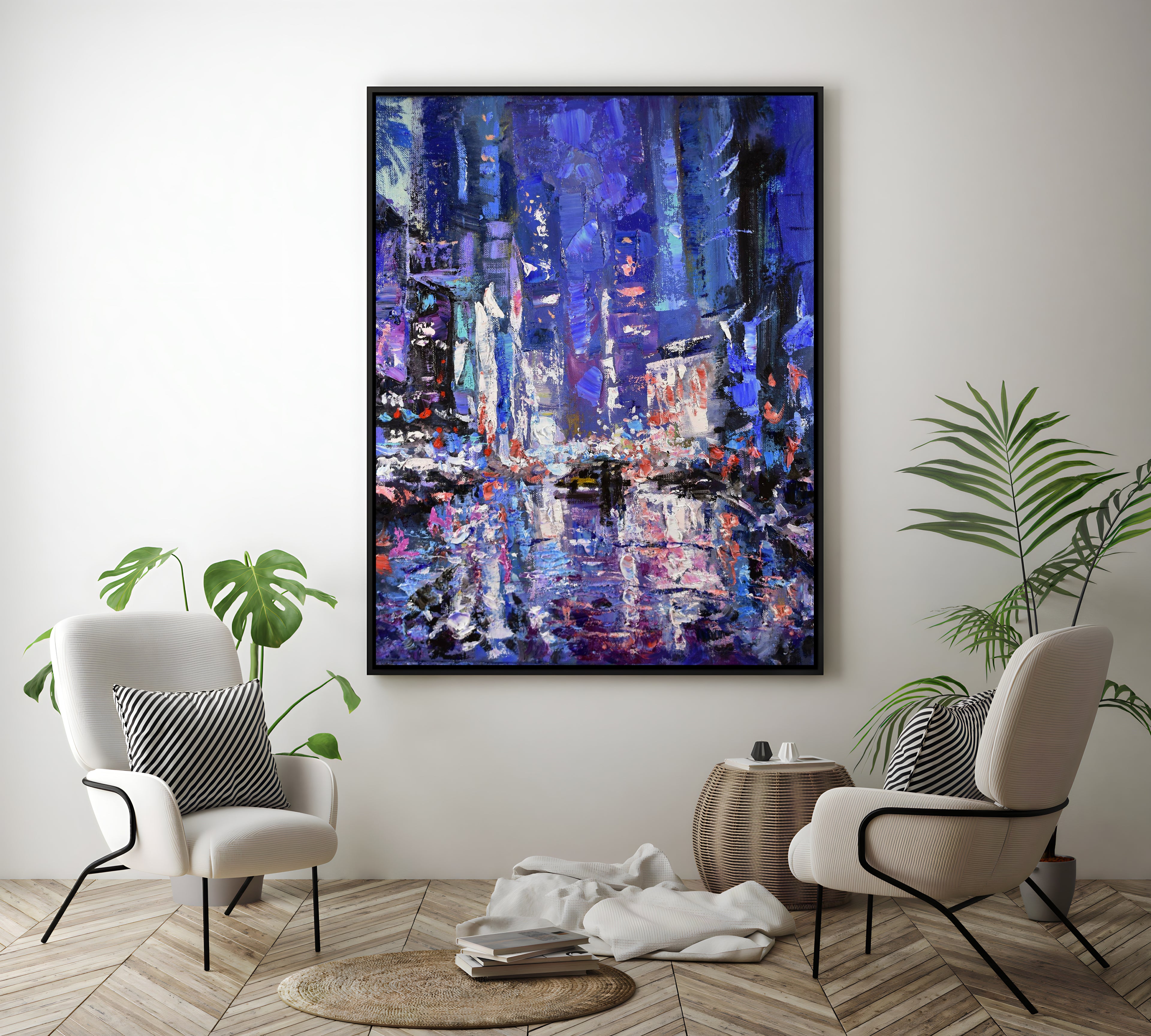 a painting of a city street at night