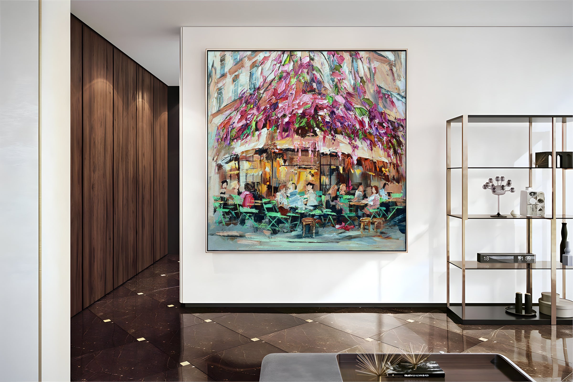a painting hanging on a wall in a room