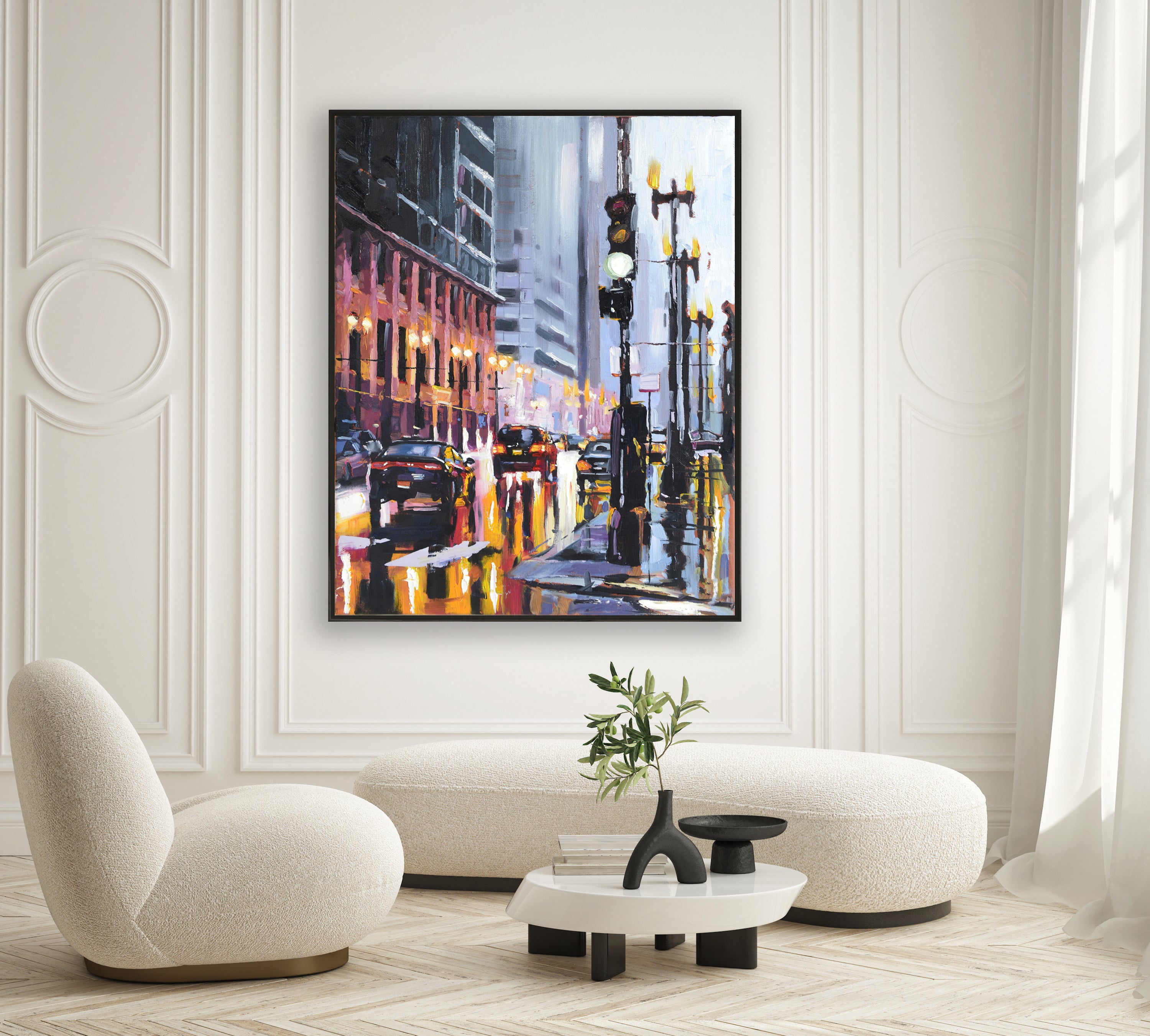 a painting of a city street at night
