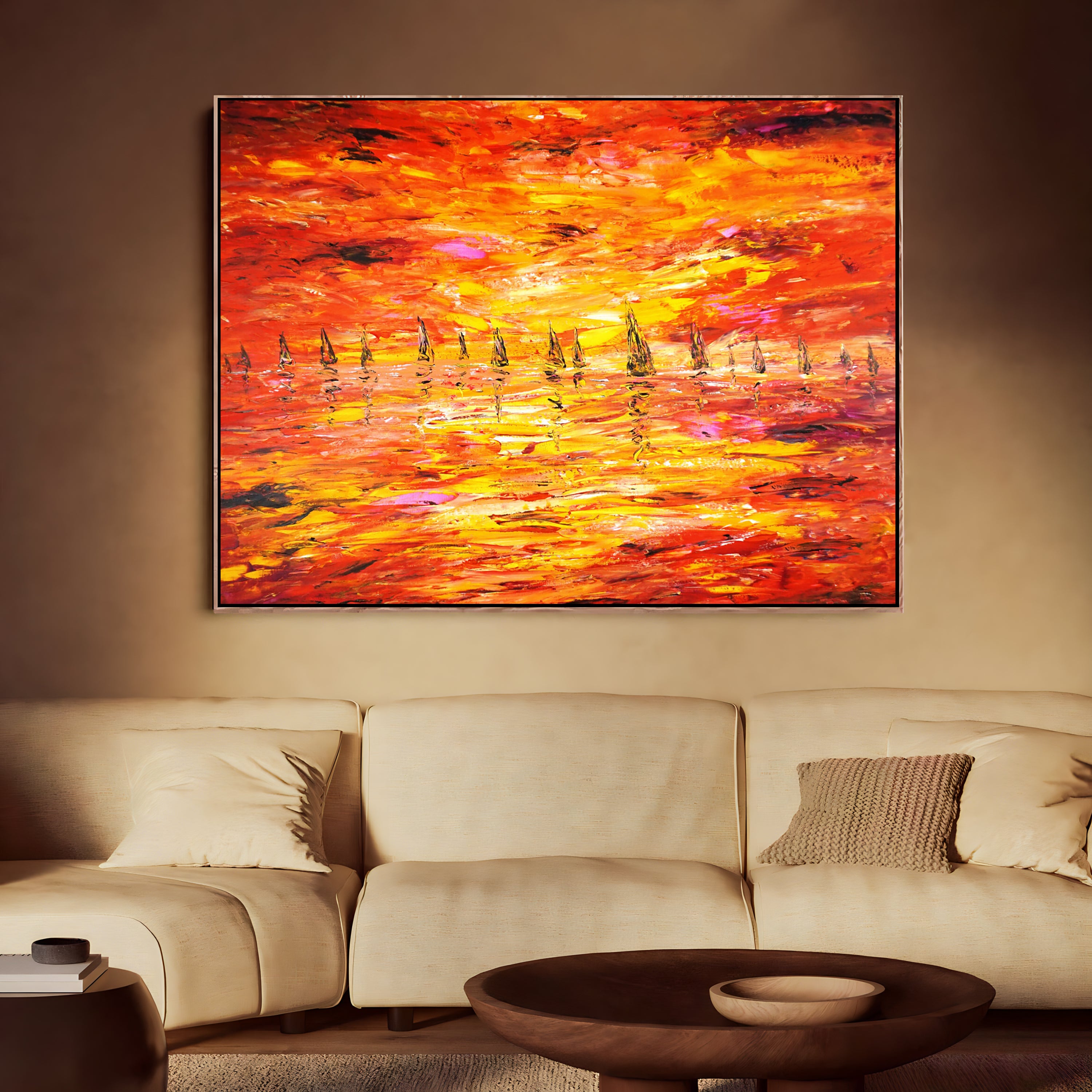 a living room with a couch and a painting on the wall