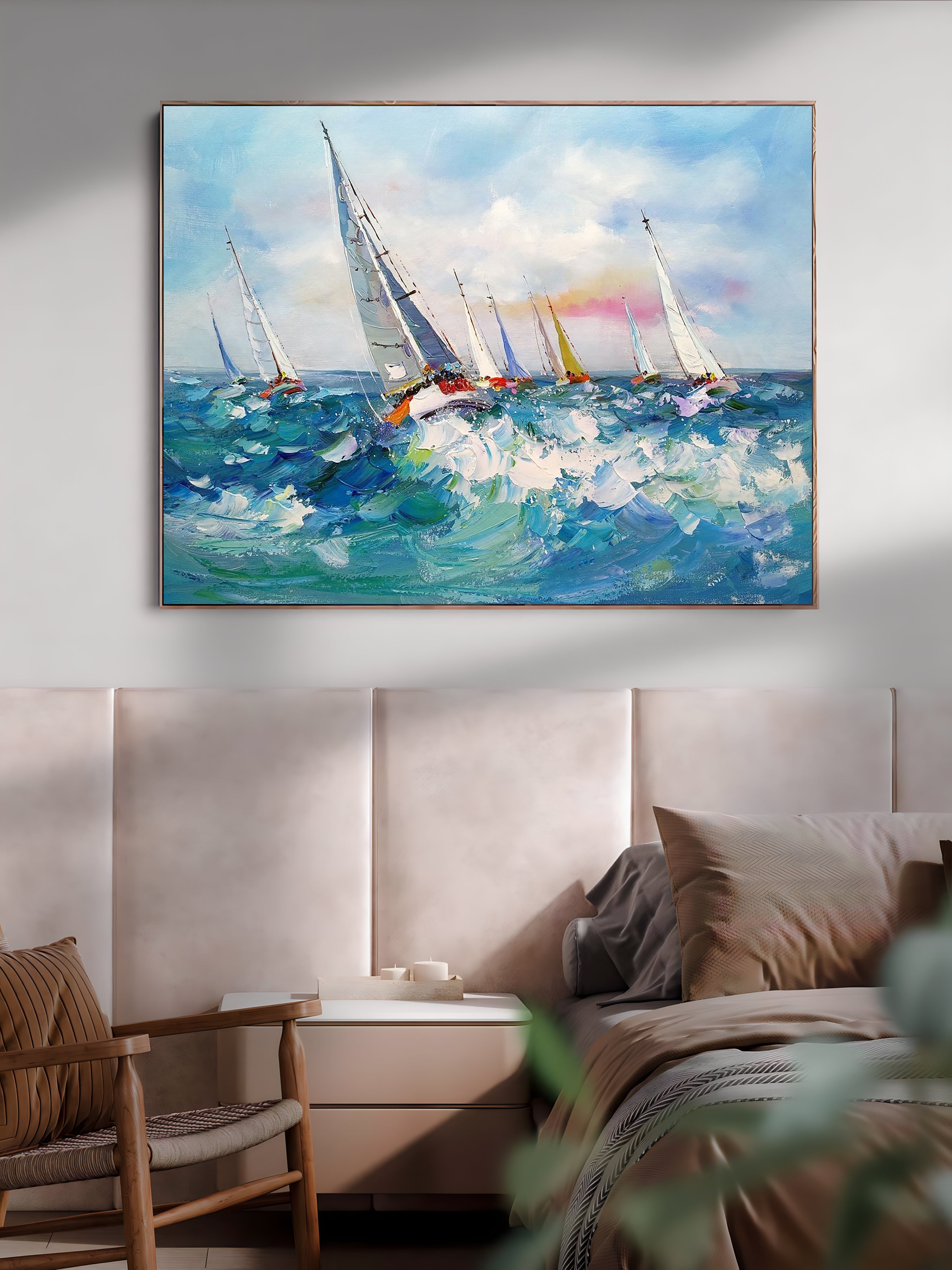 a painting of sailboats sailing in the ocean