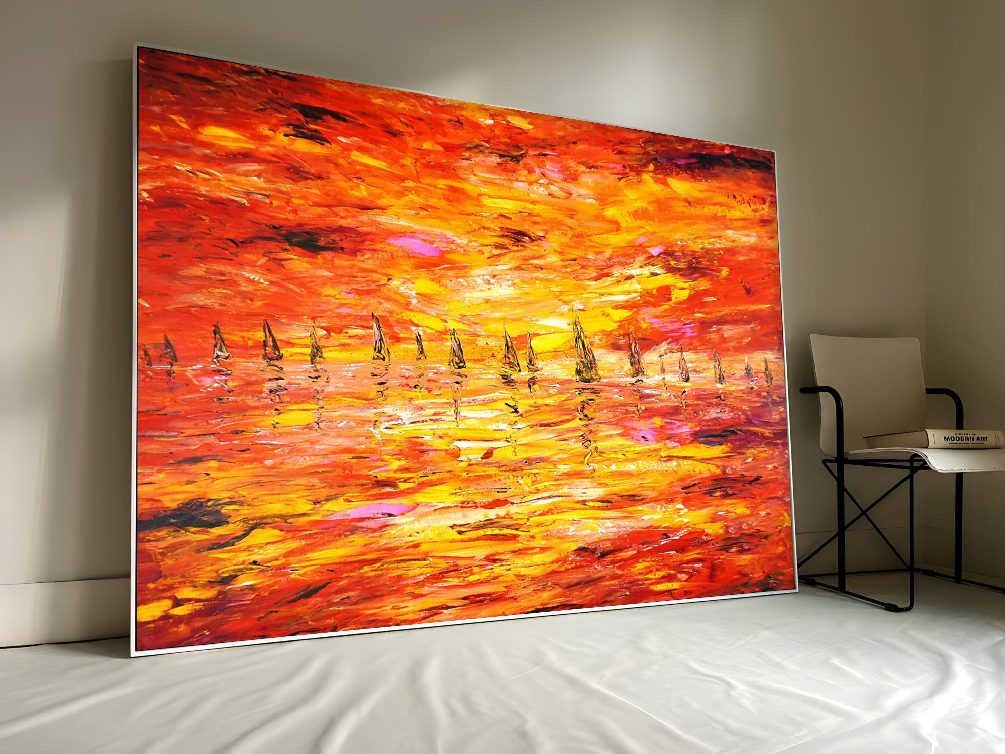 a painting of a sunset with sailboats on the water