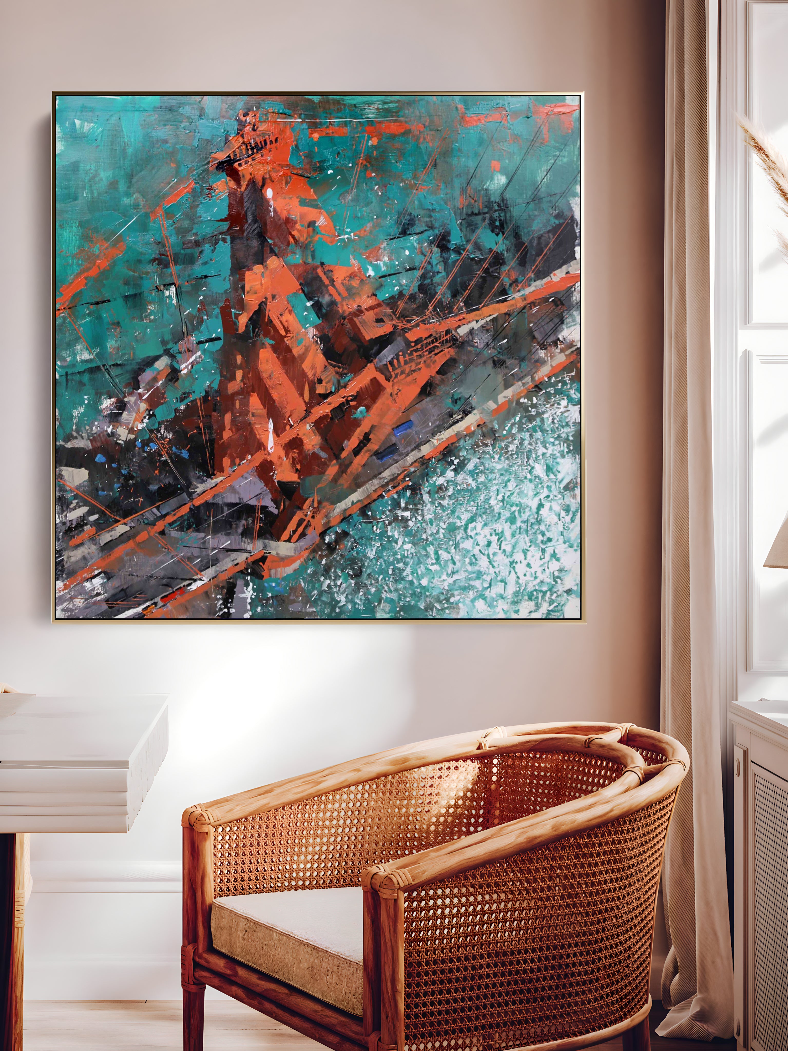 a painting hanging on a wall above a chair