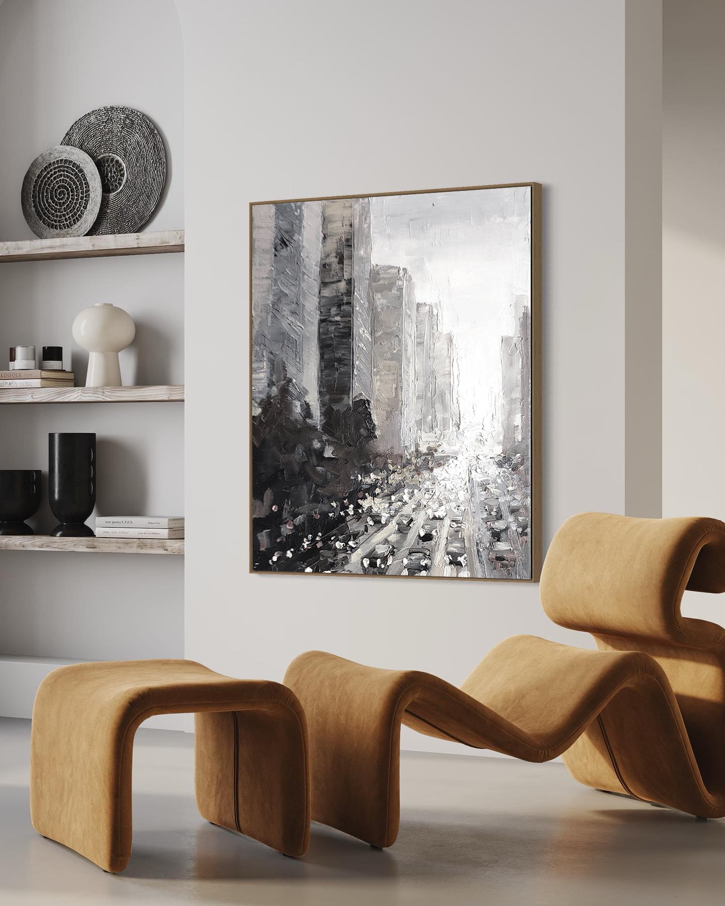 a living room with a large painting on the wall