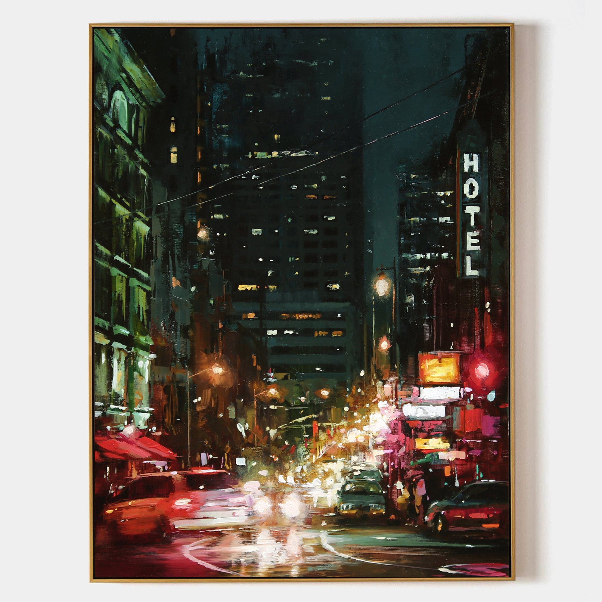 a painting of a city street at night
