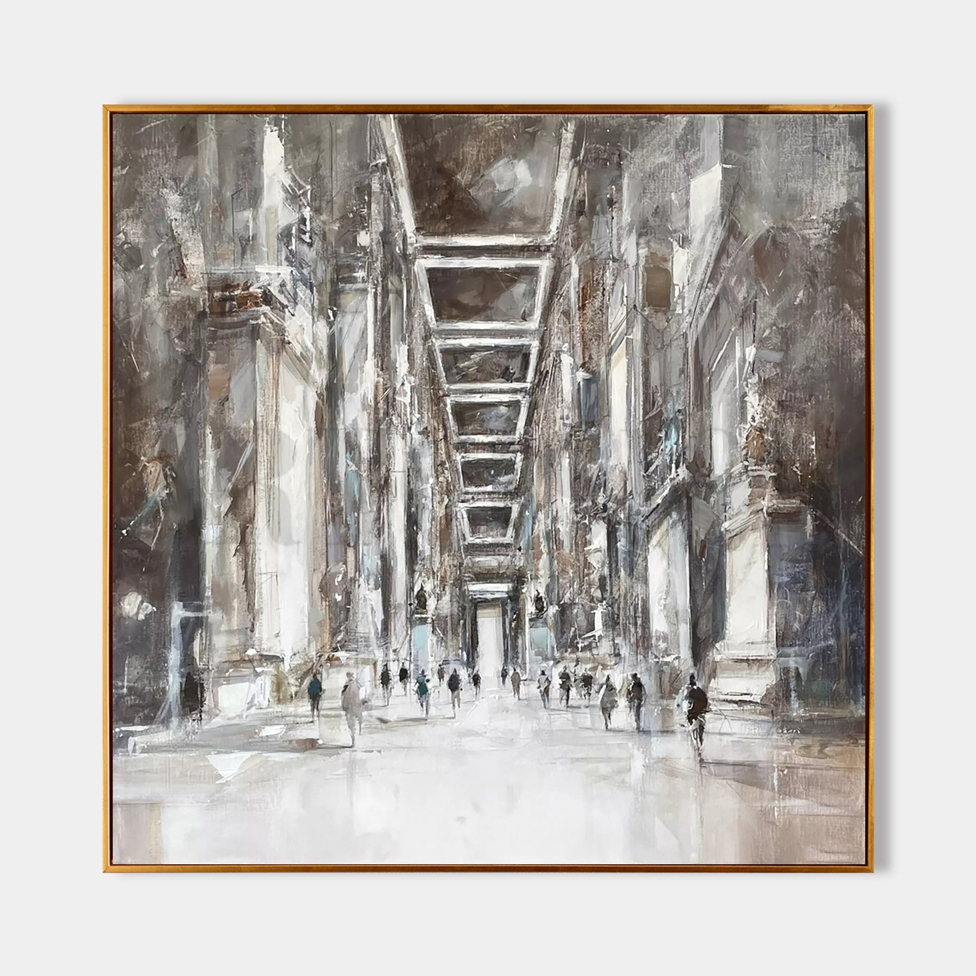 a painting of people walking down a hallway