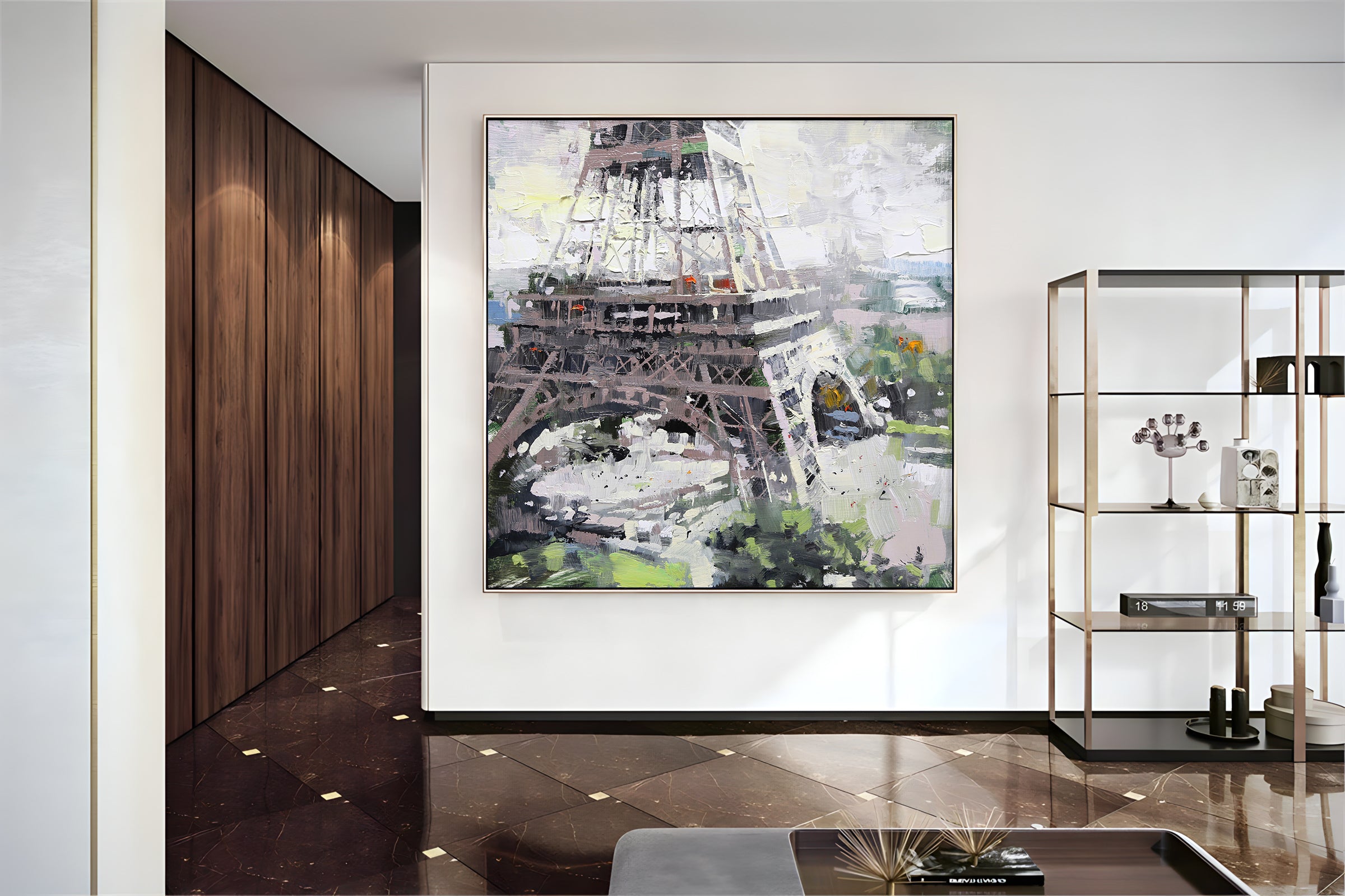 a picture of the eiffel tower hanging on a wall