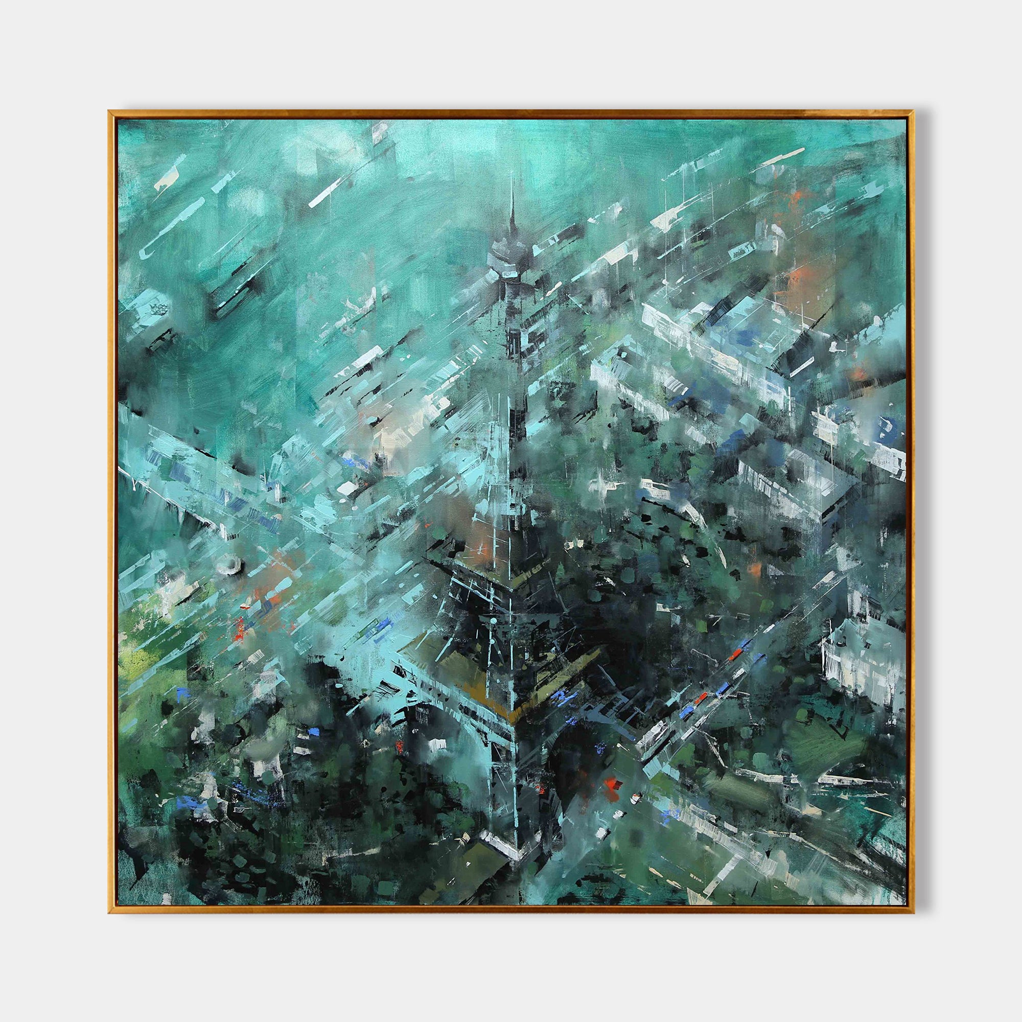 a painting of an aerial view of a city