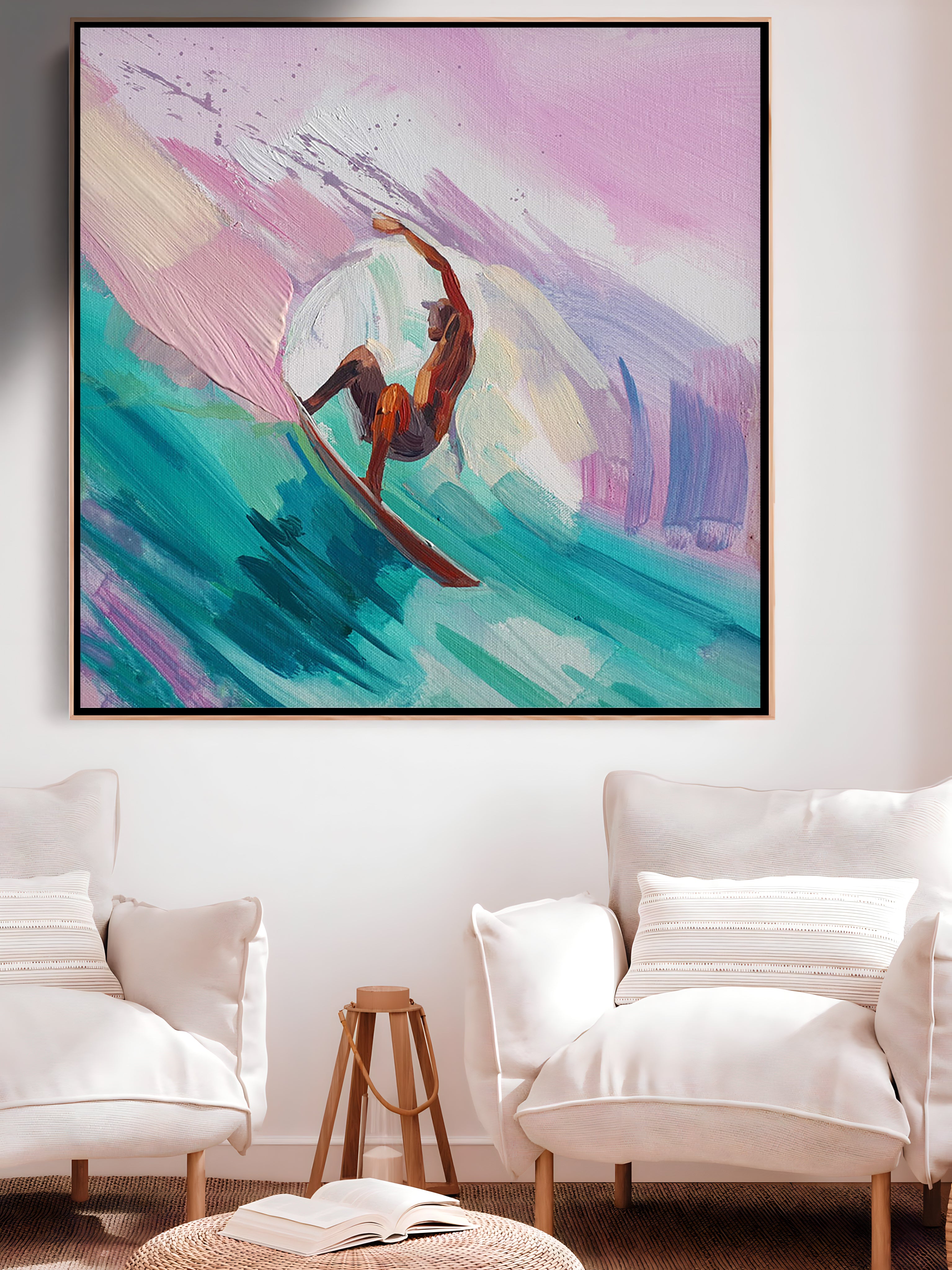 a painting of a surfer riding a wave