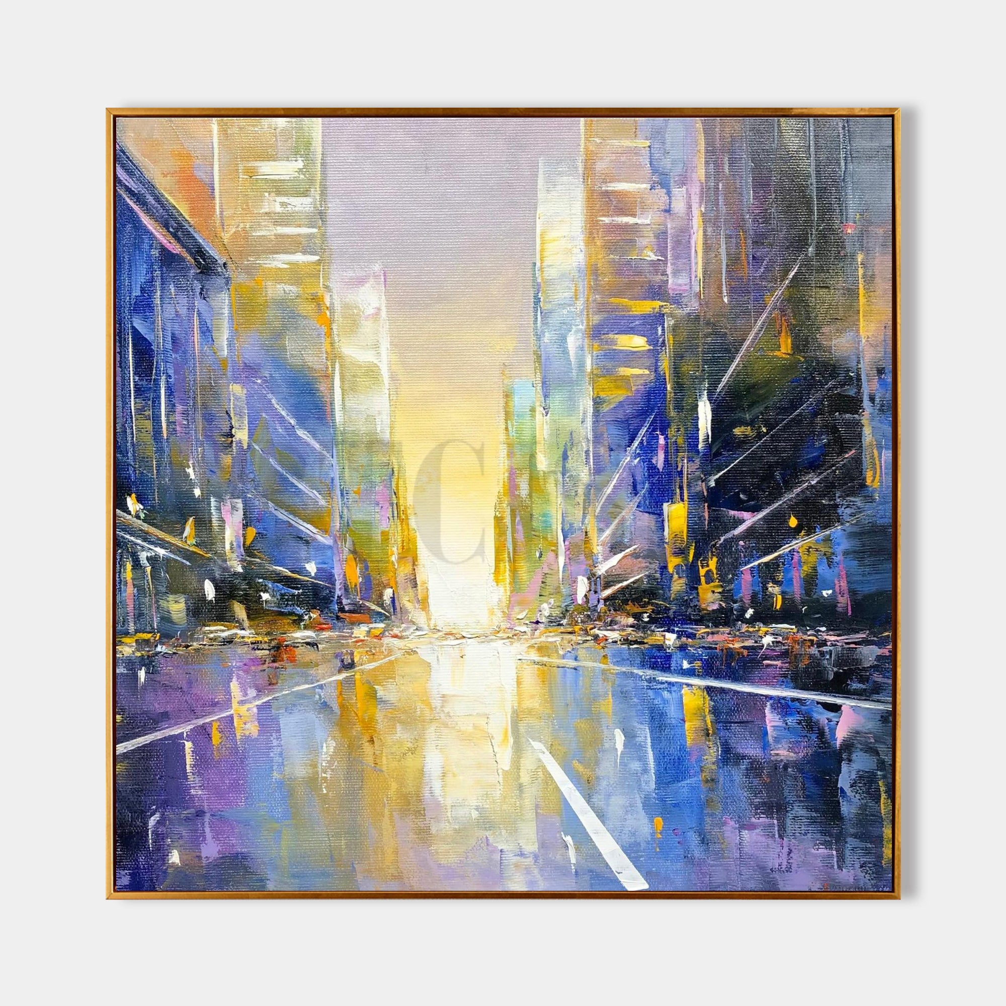 a painting of a city street at sunset