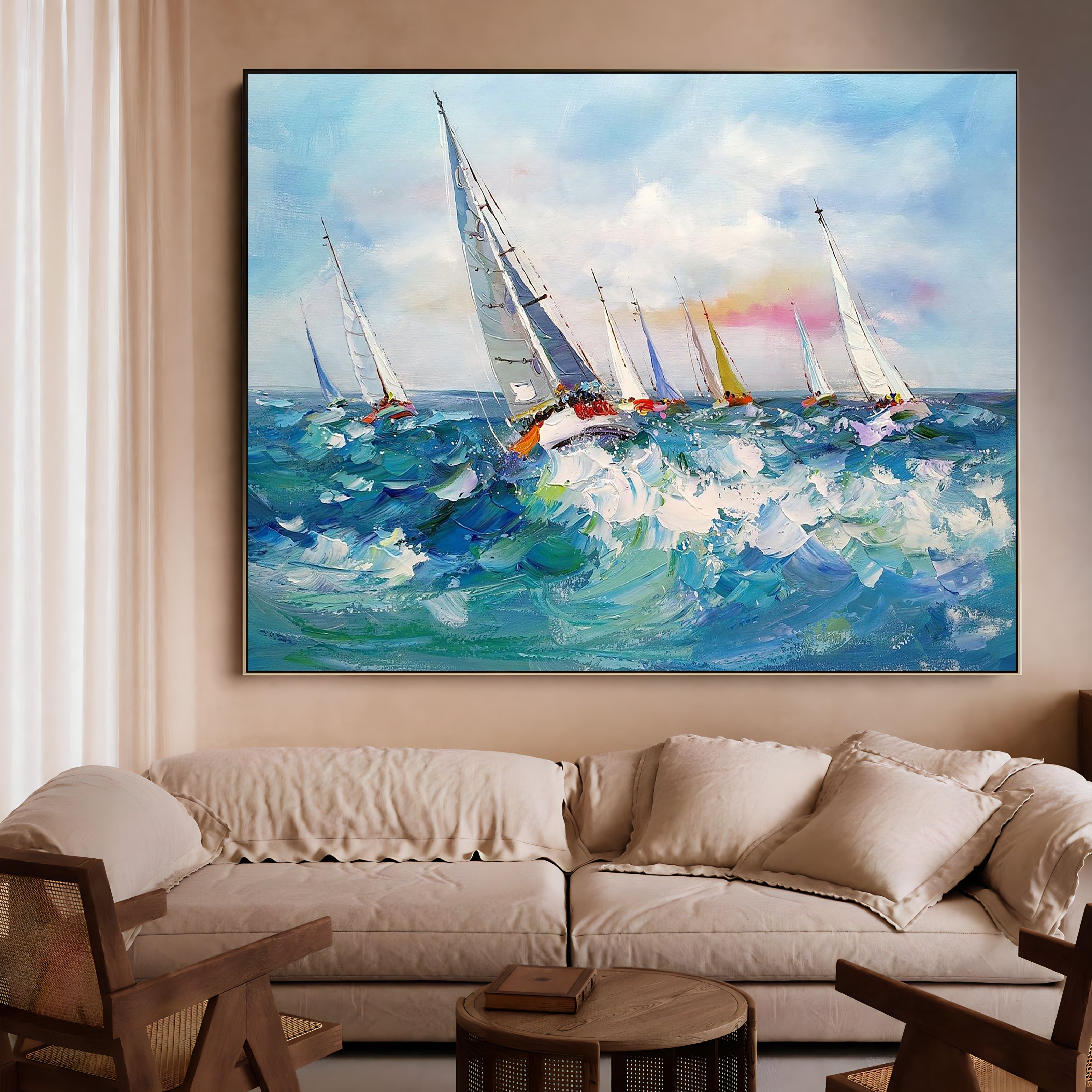 a painting of sailboats in the ocean