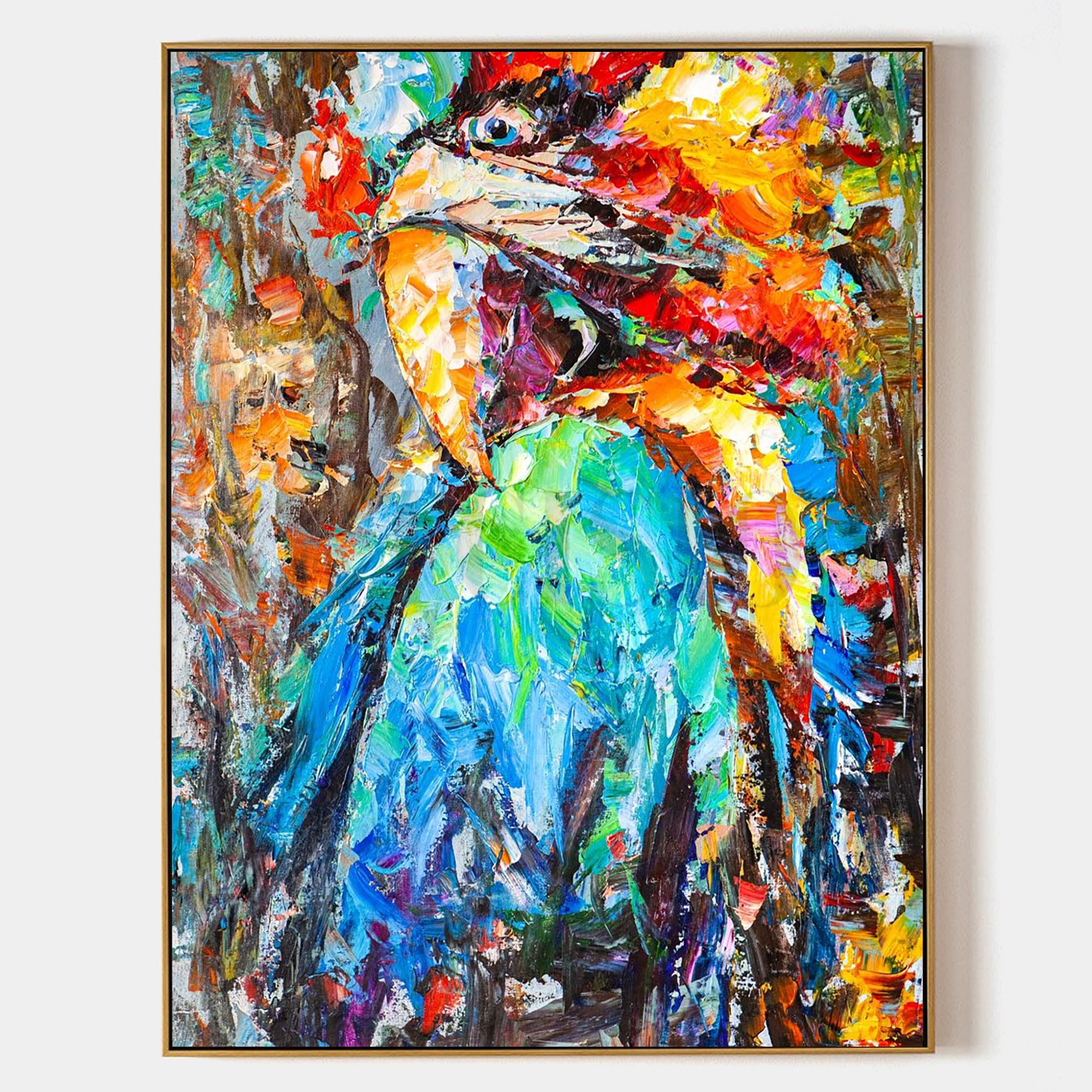 a painting of a colorful bird on a white wall