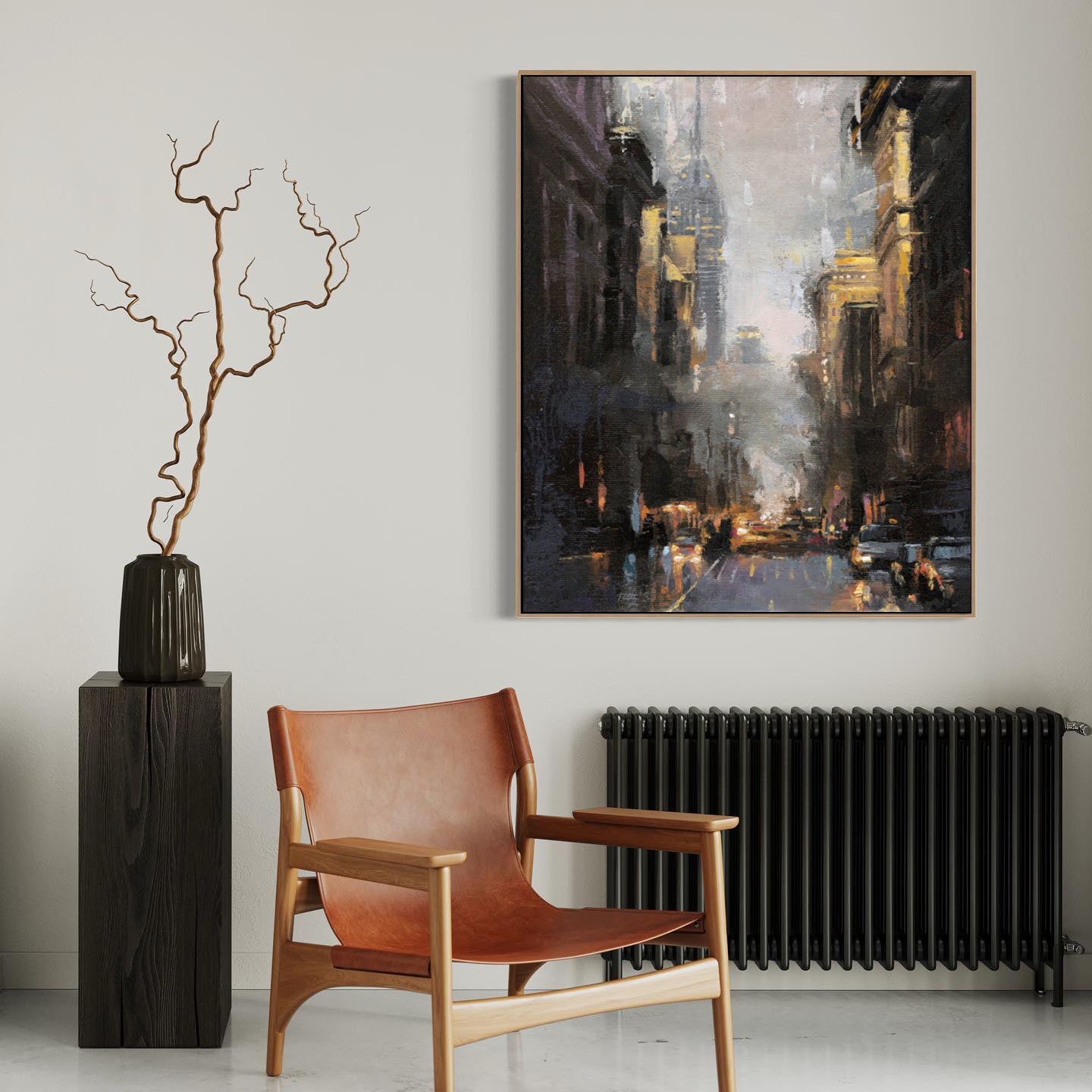 a chair and a vase in a room