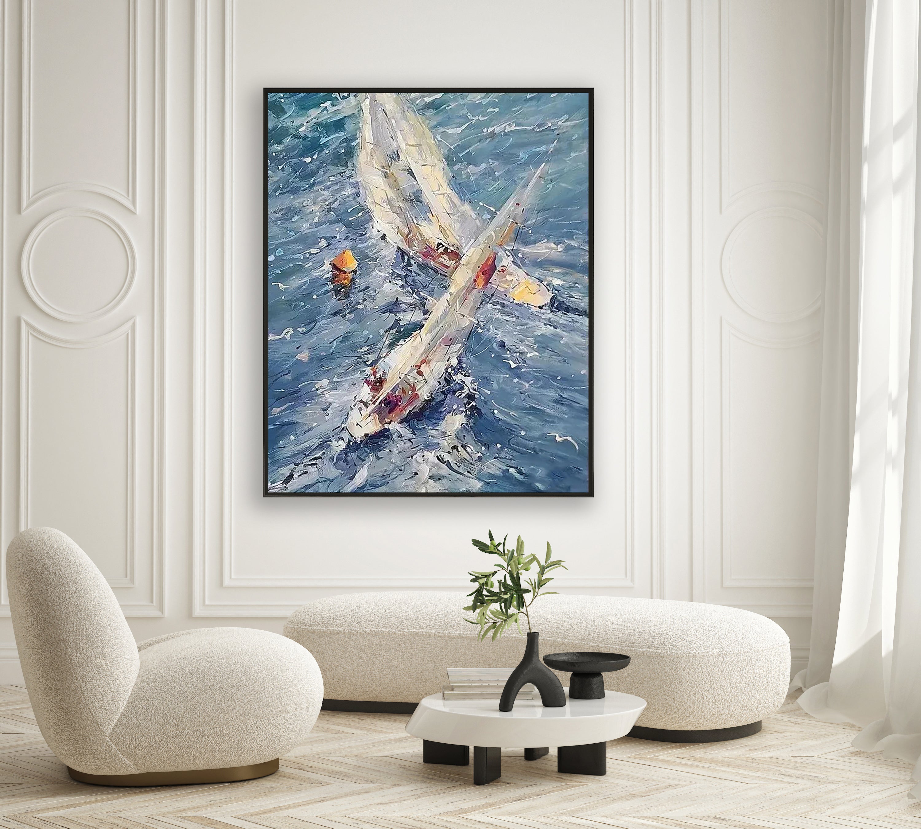 a painting of a sailboat in the ocean