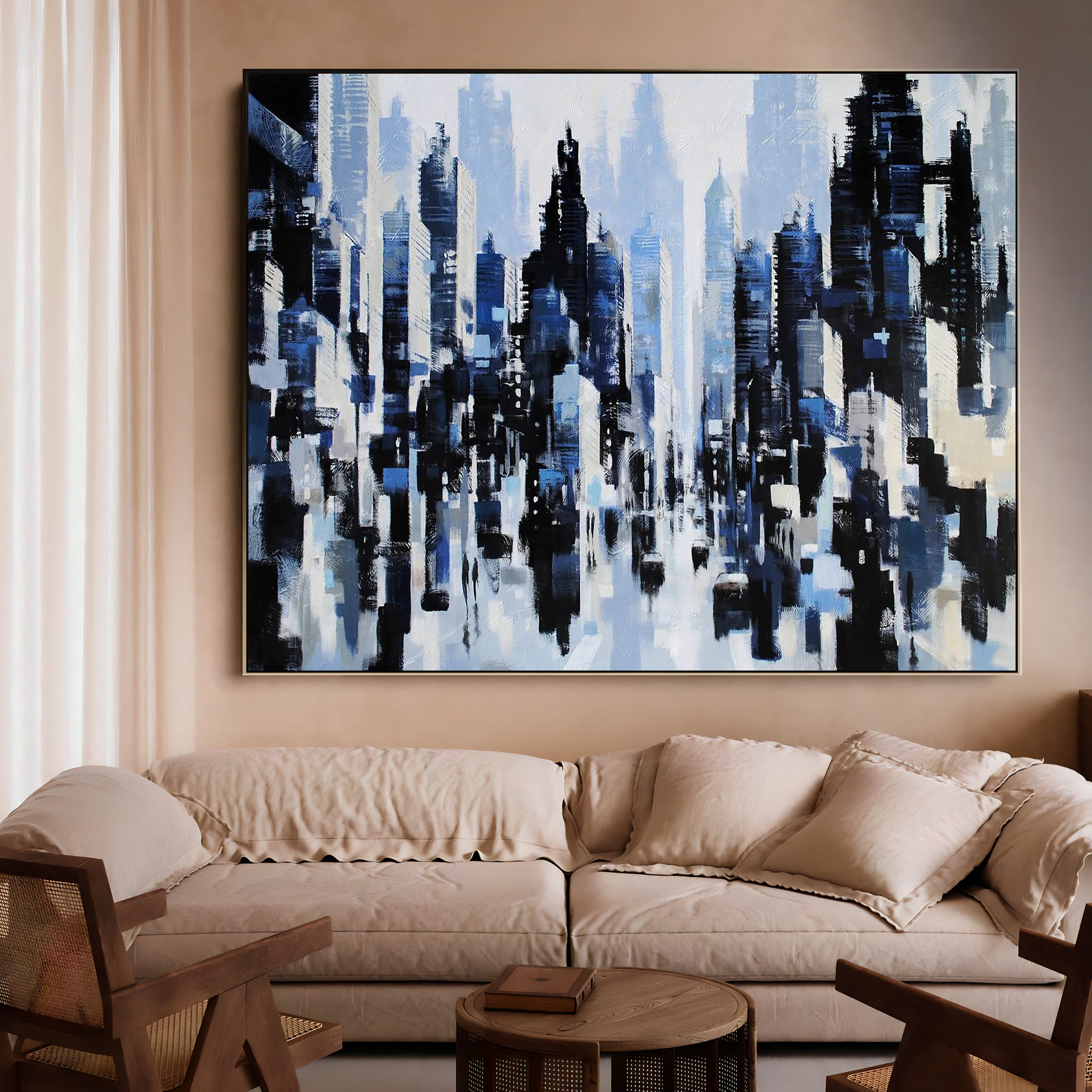 a living room filled with furniture and a painting on the wall