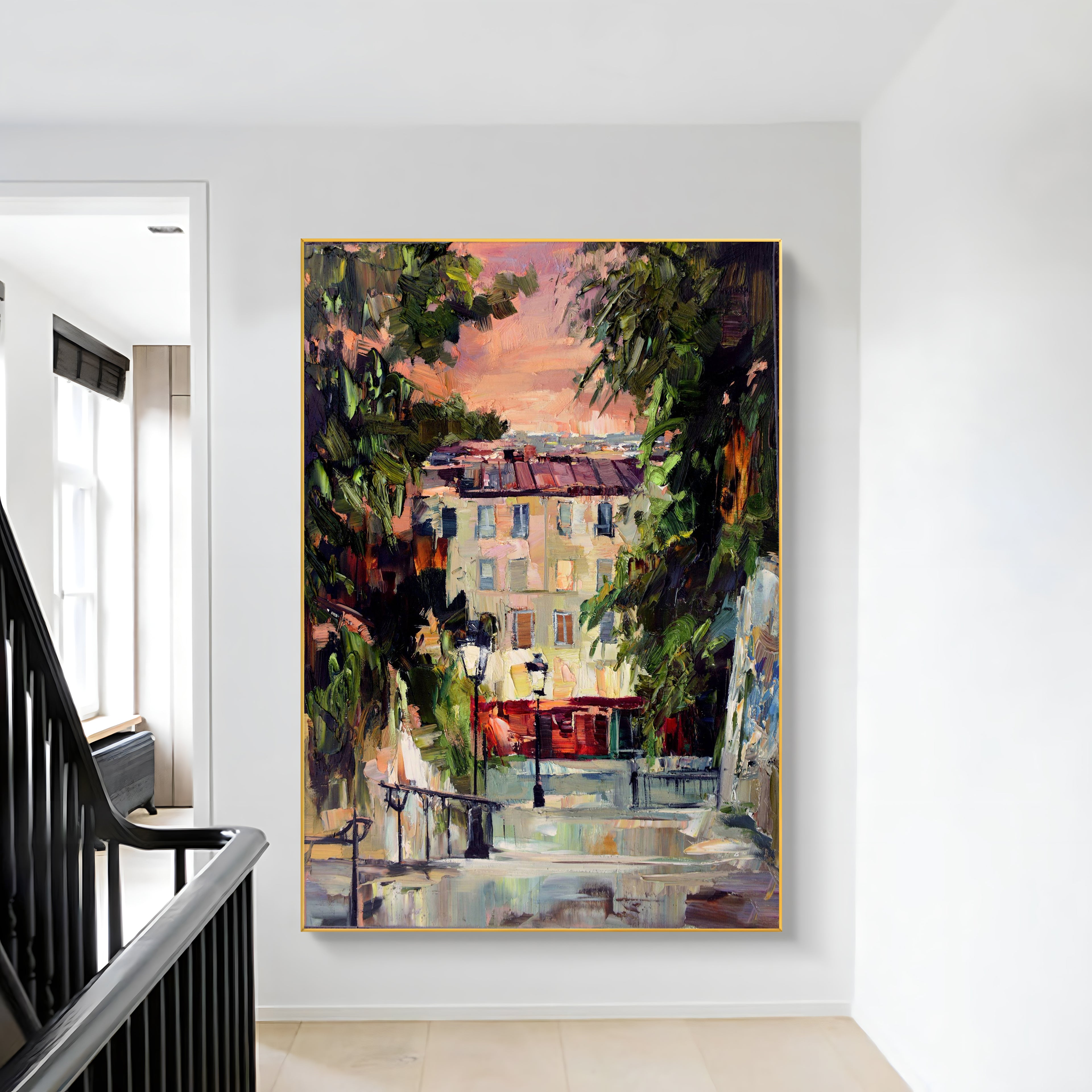 a painting hanging on a wall next to a banister