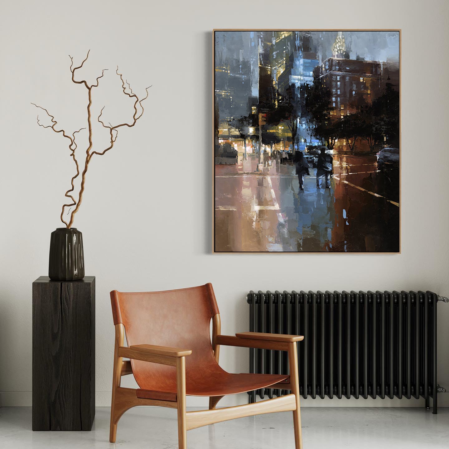 a chair and a vase in a room