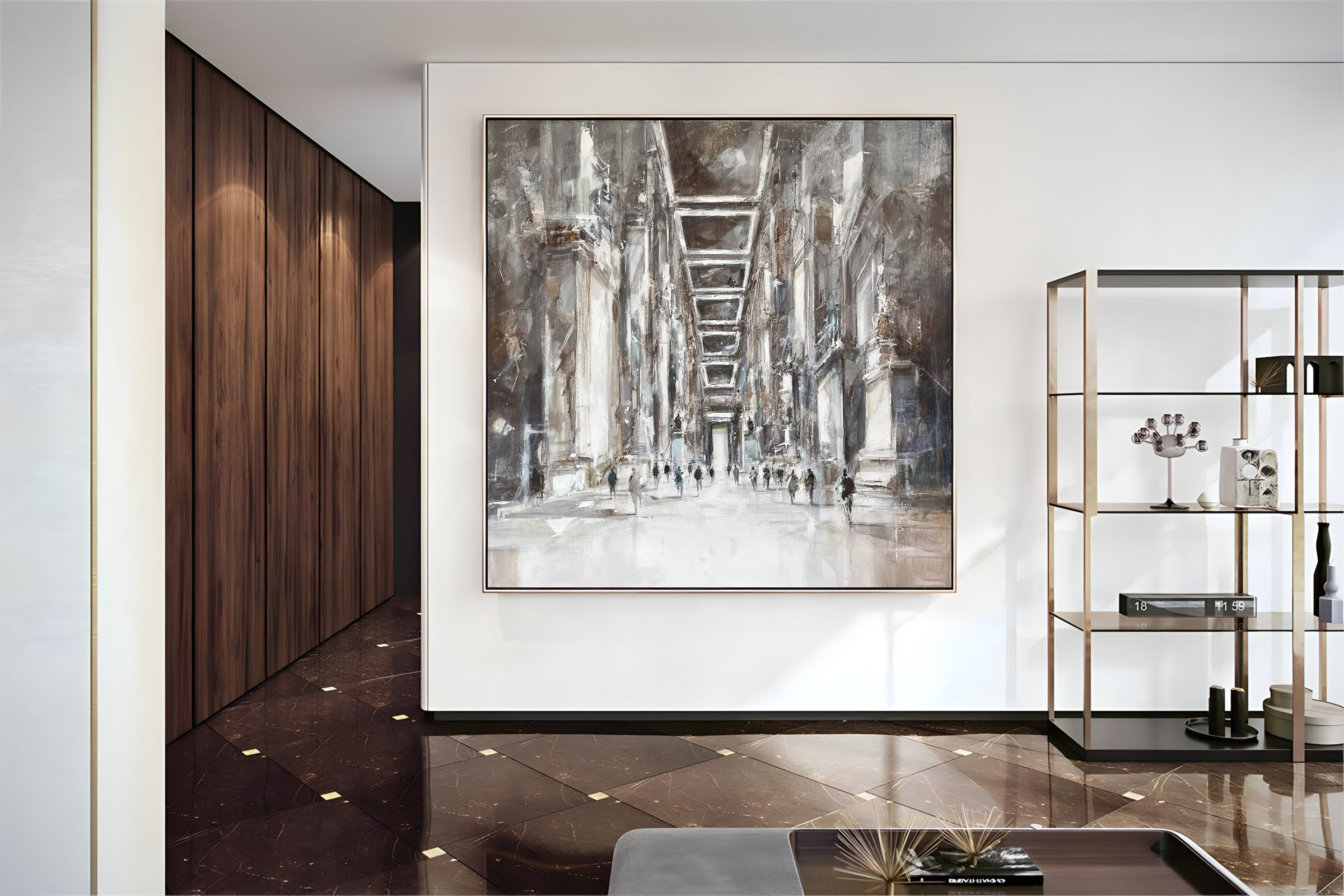 a painting hanging on a wall in a room