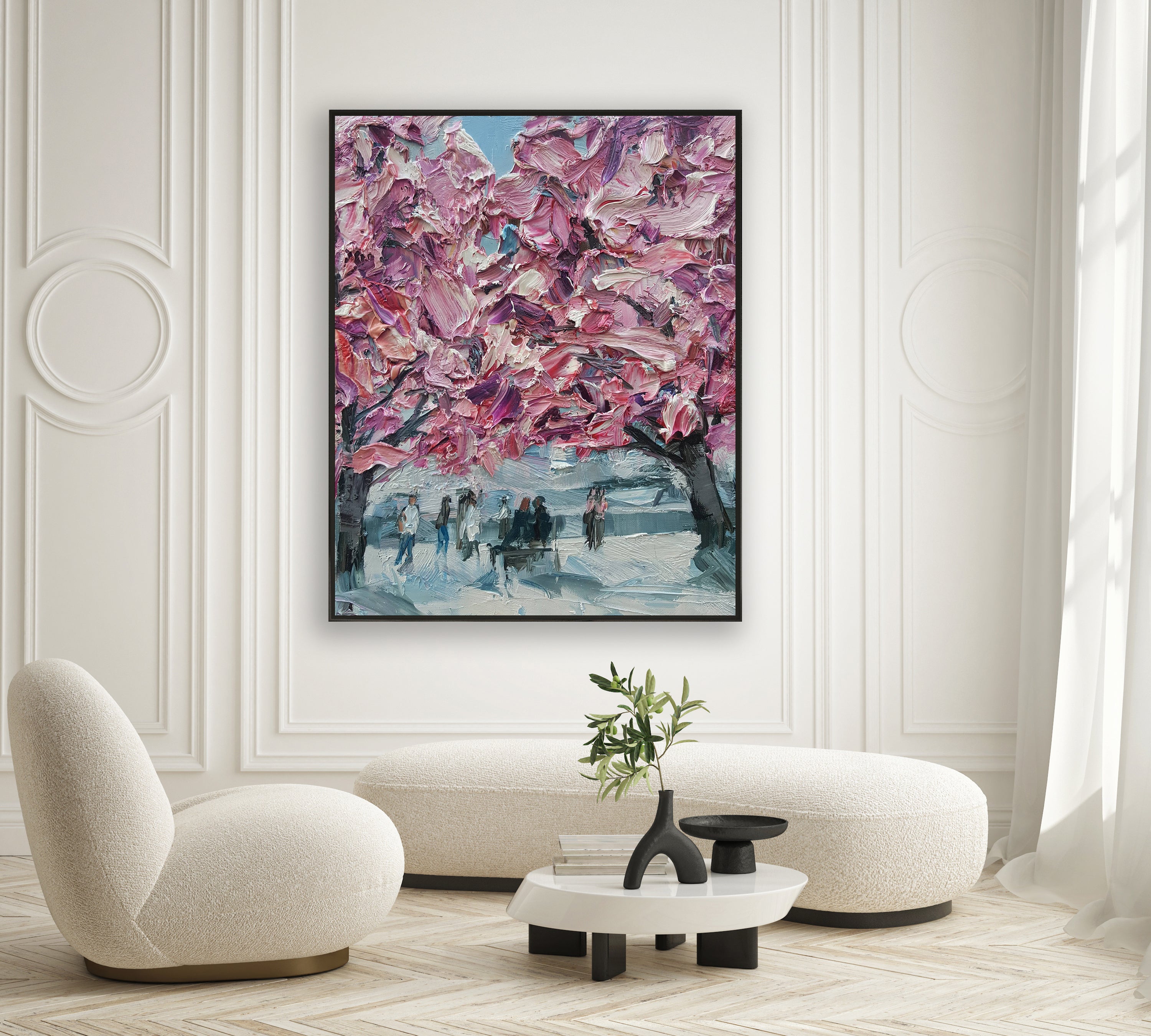 a painting of a pink tree in a white room