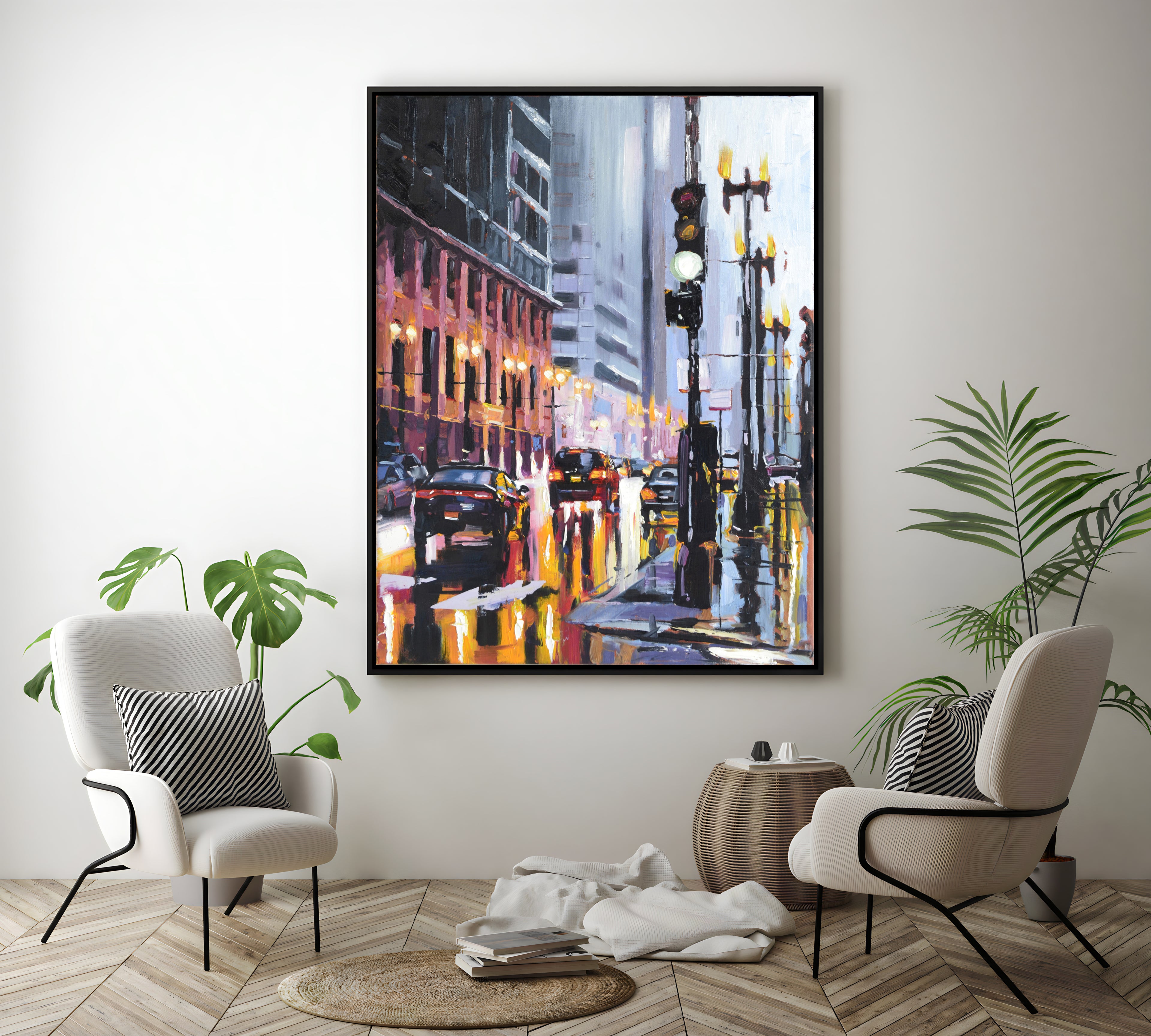a painting of a city street at night