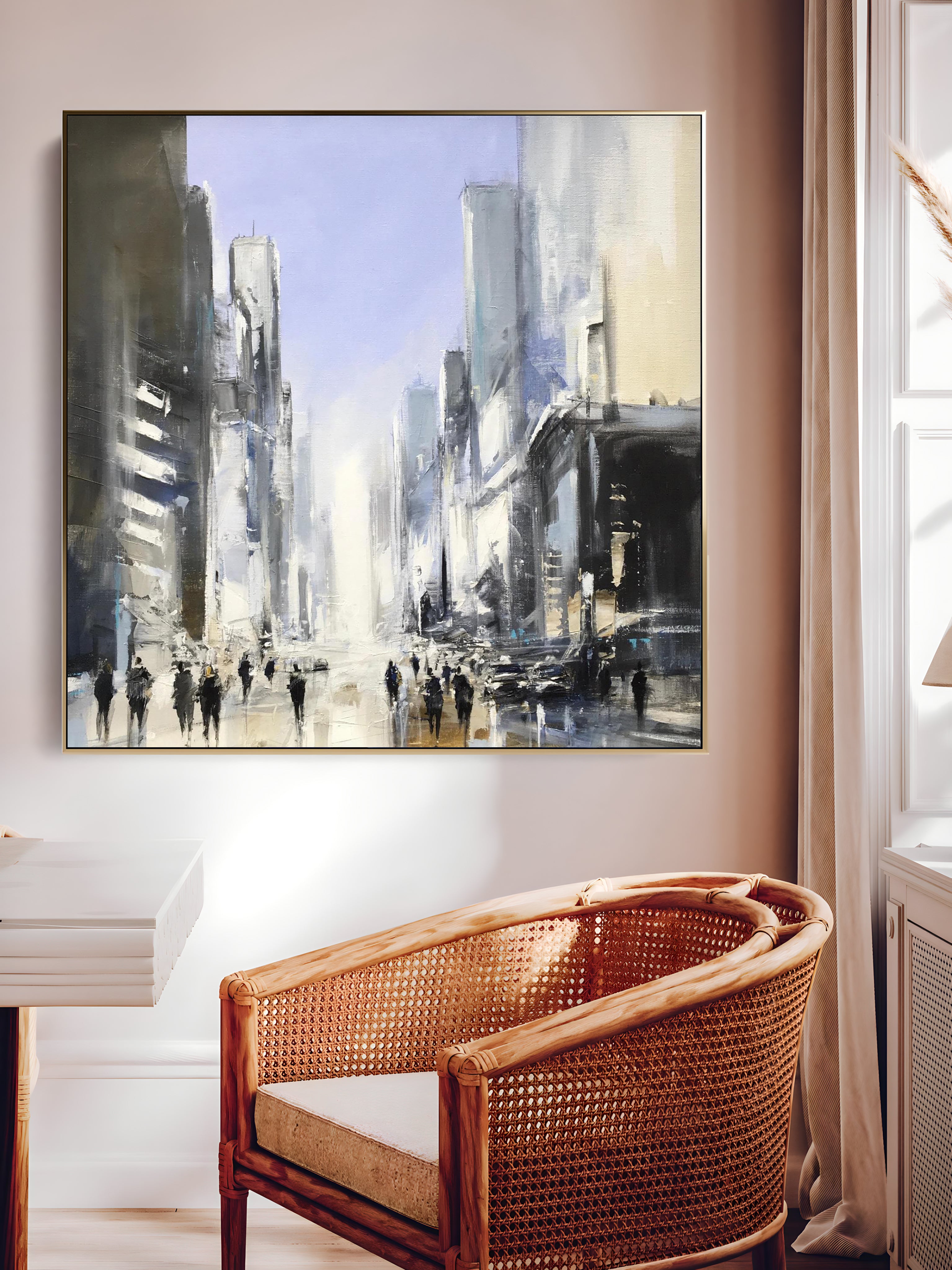 a painting of a cityscape in a living room