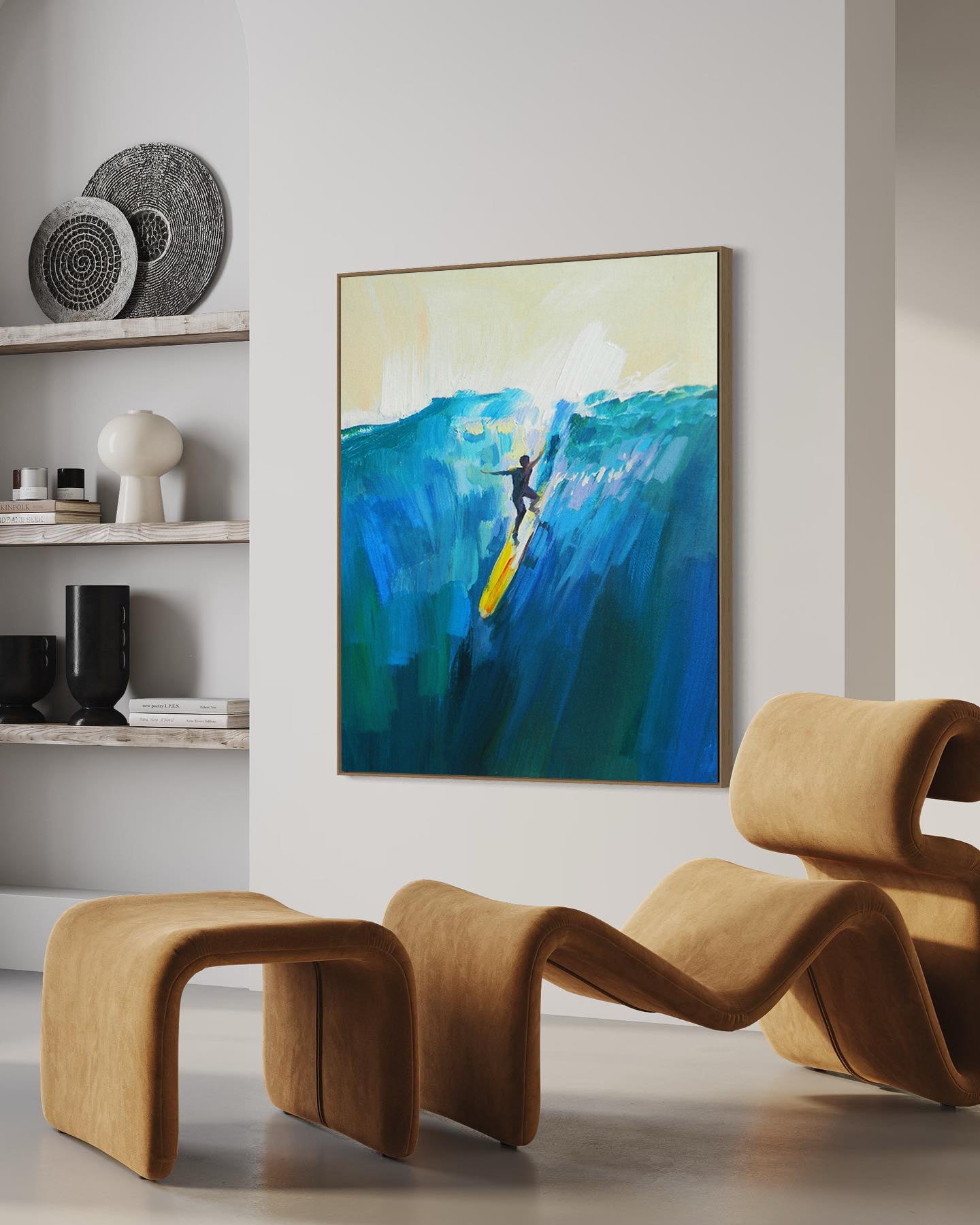 a living room with a painting on the wall