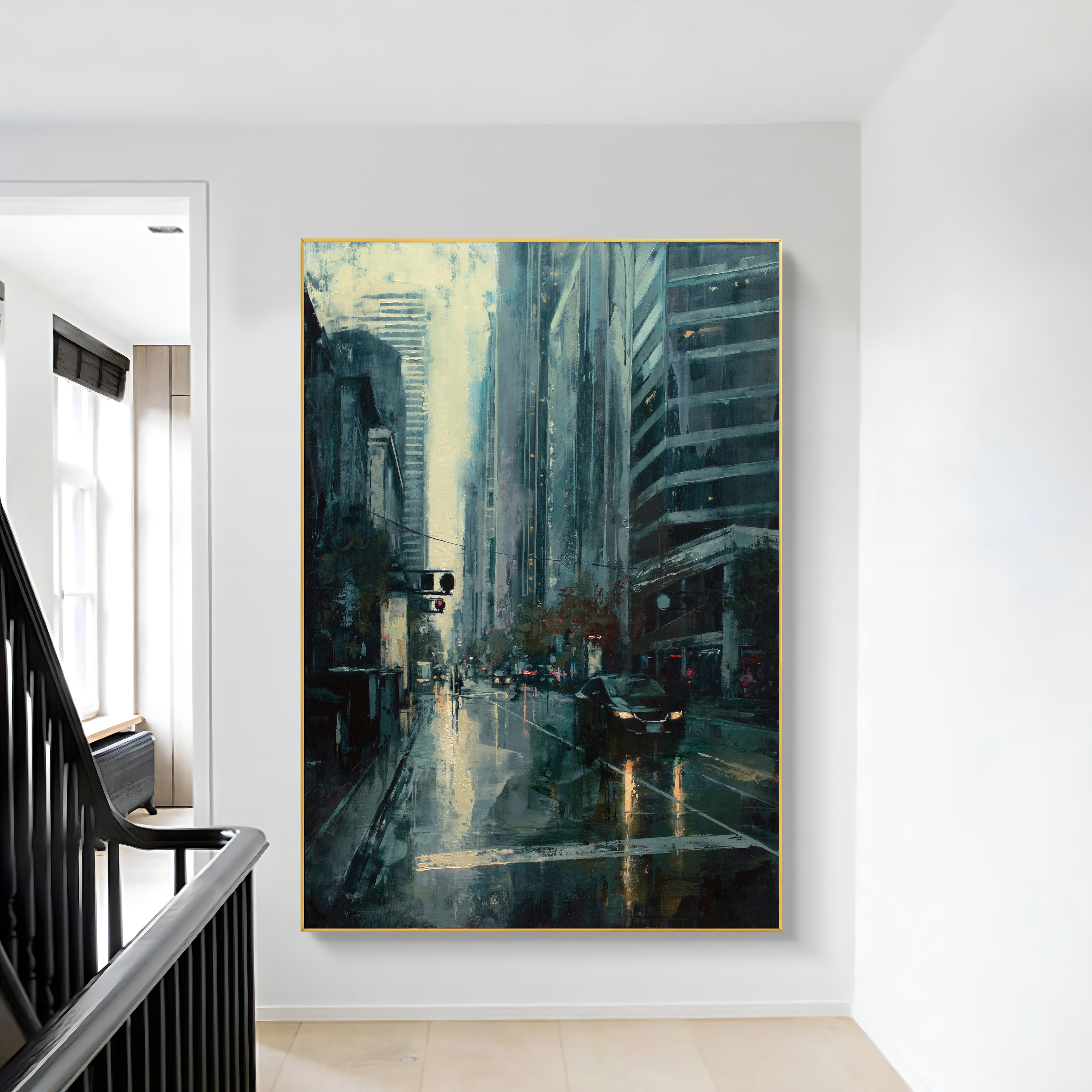 a painting hanging on a wall next to a banister