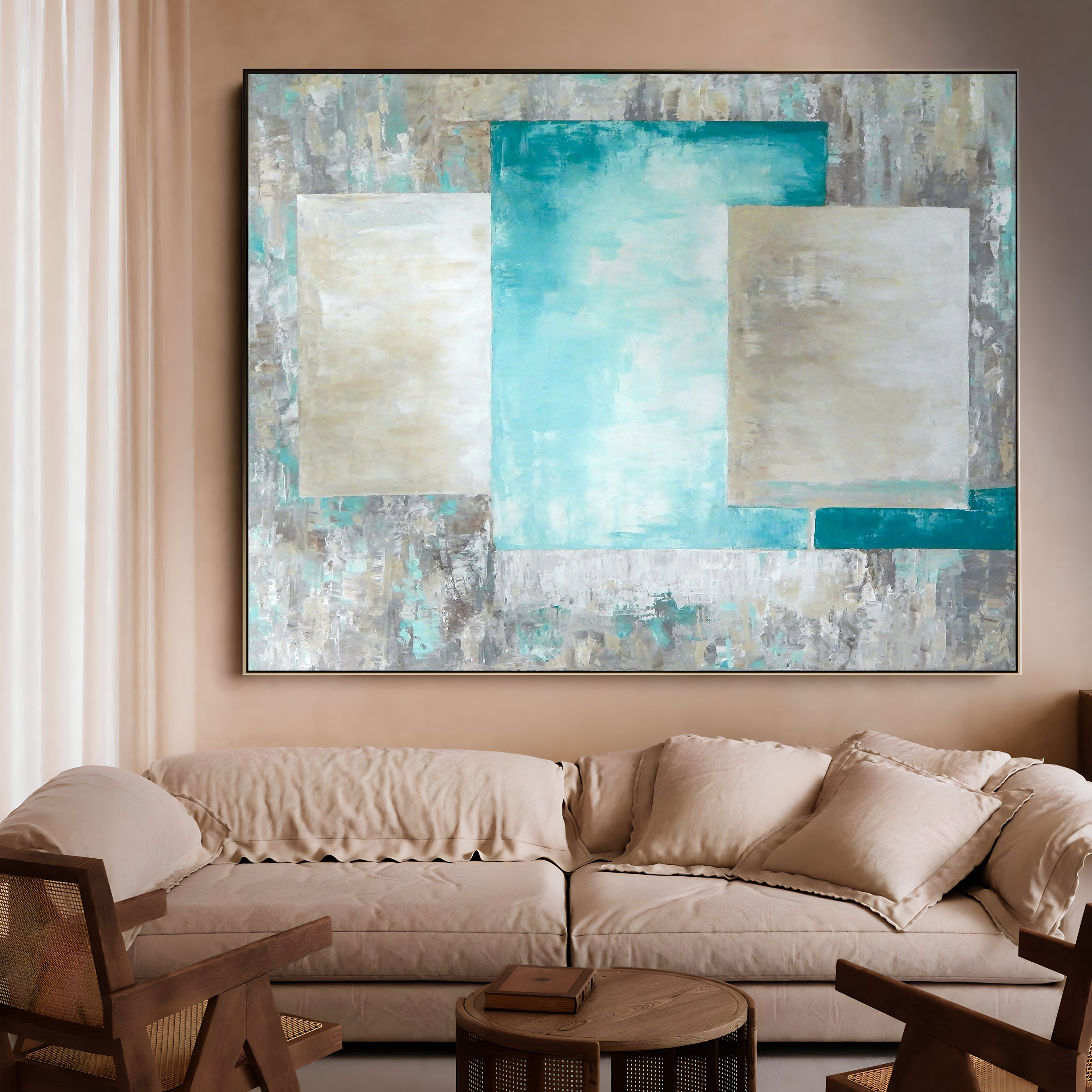 a living room filled with furniture and a painting on the wall