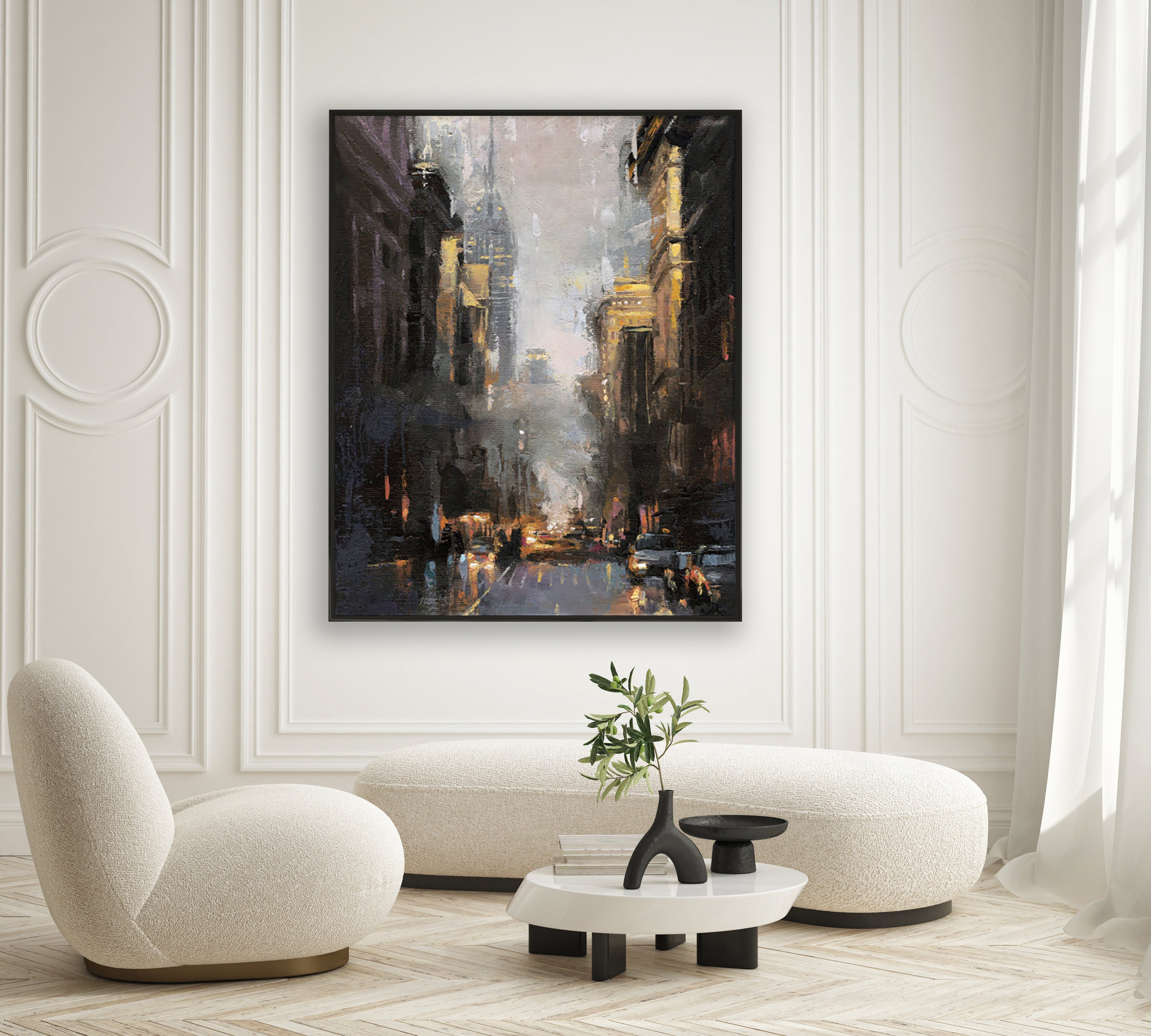 a living room with a painting on the wall