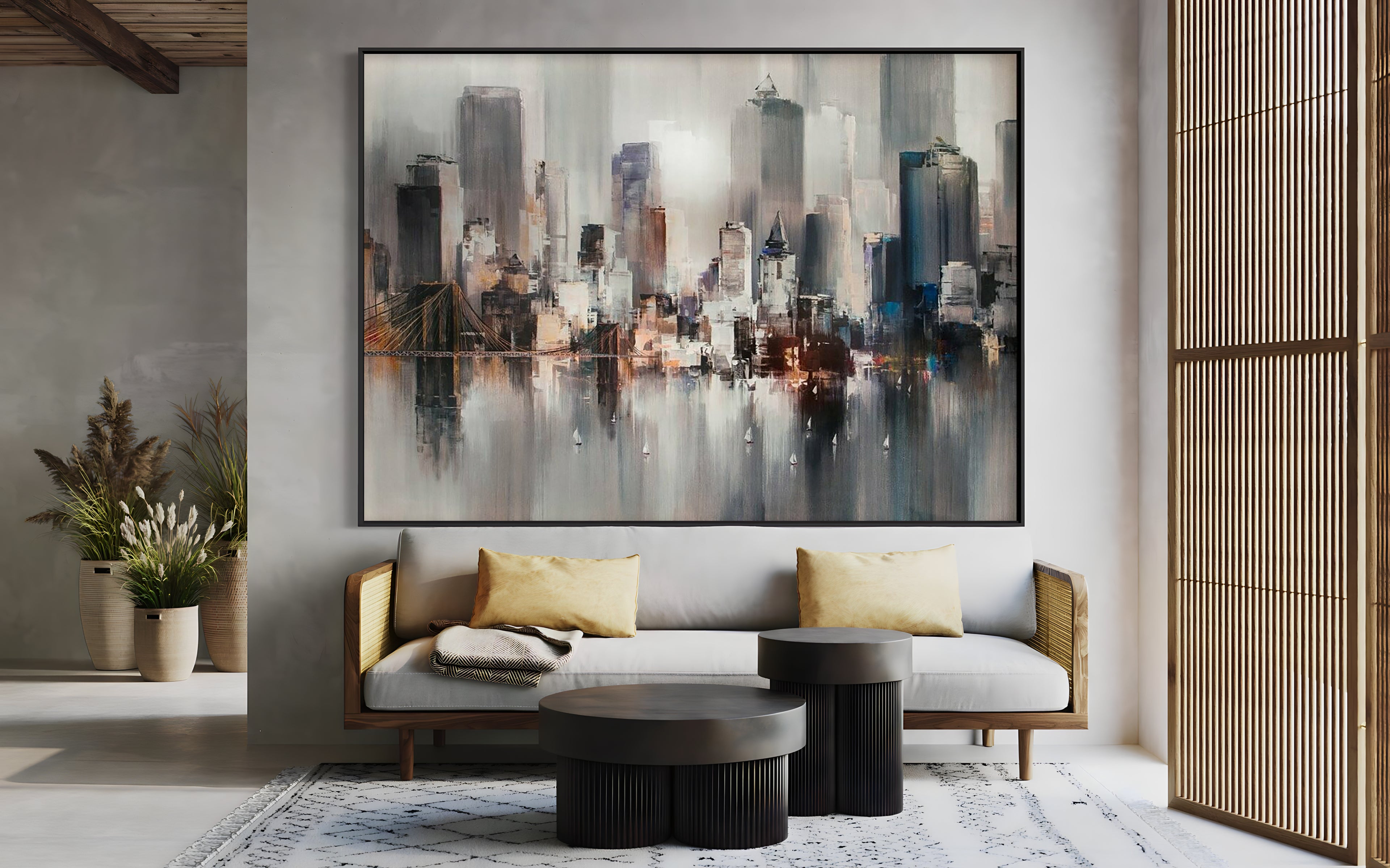 a living room with a couch and a painting on the wall