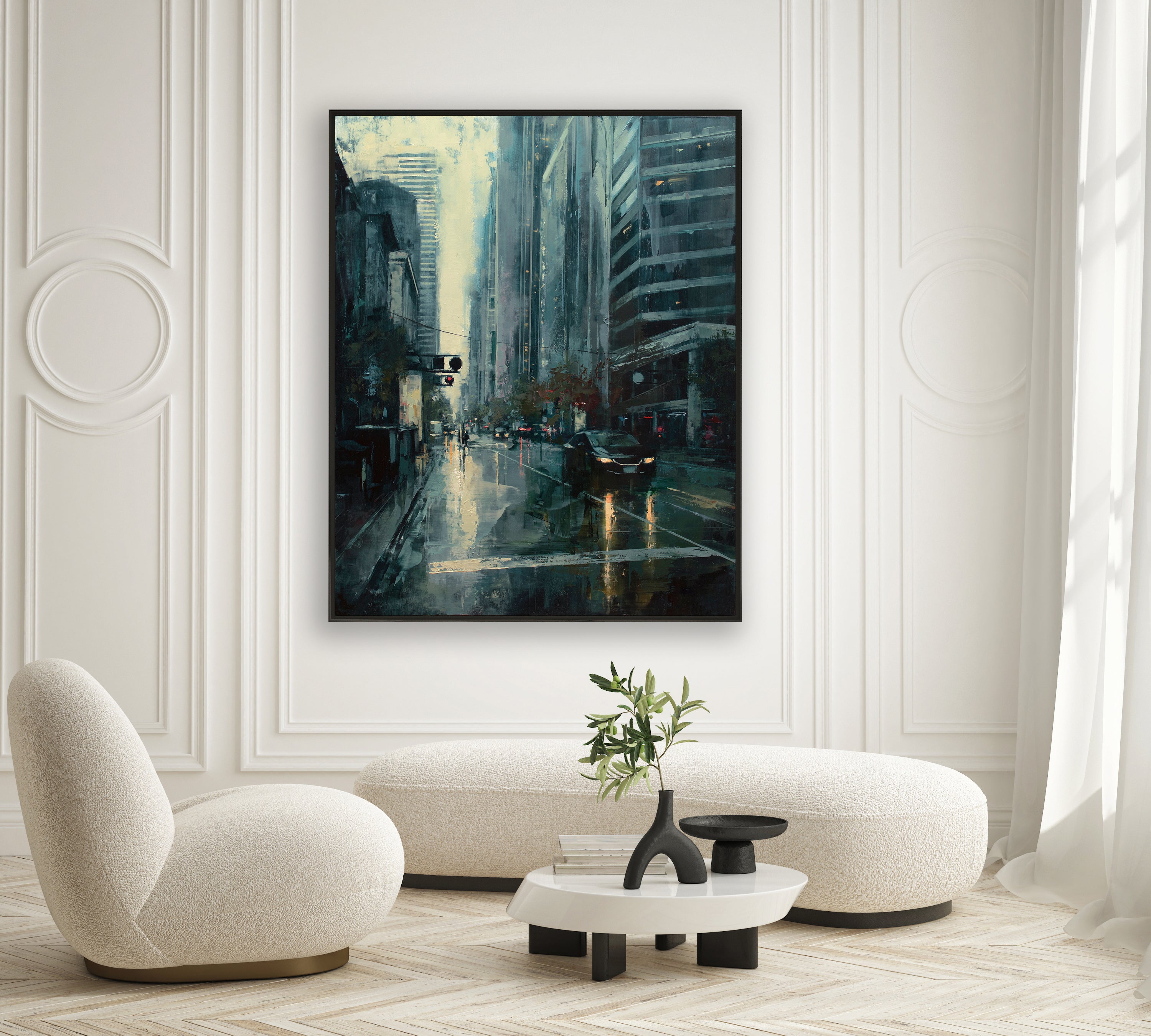 a painting of a city street in a living room