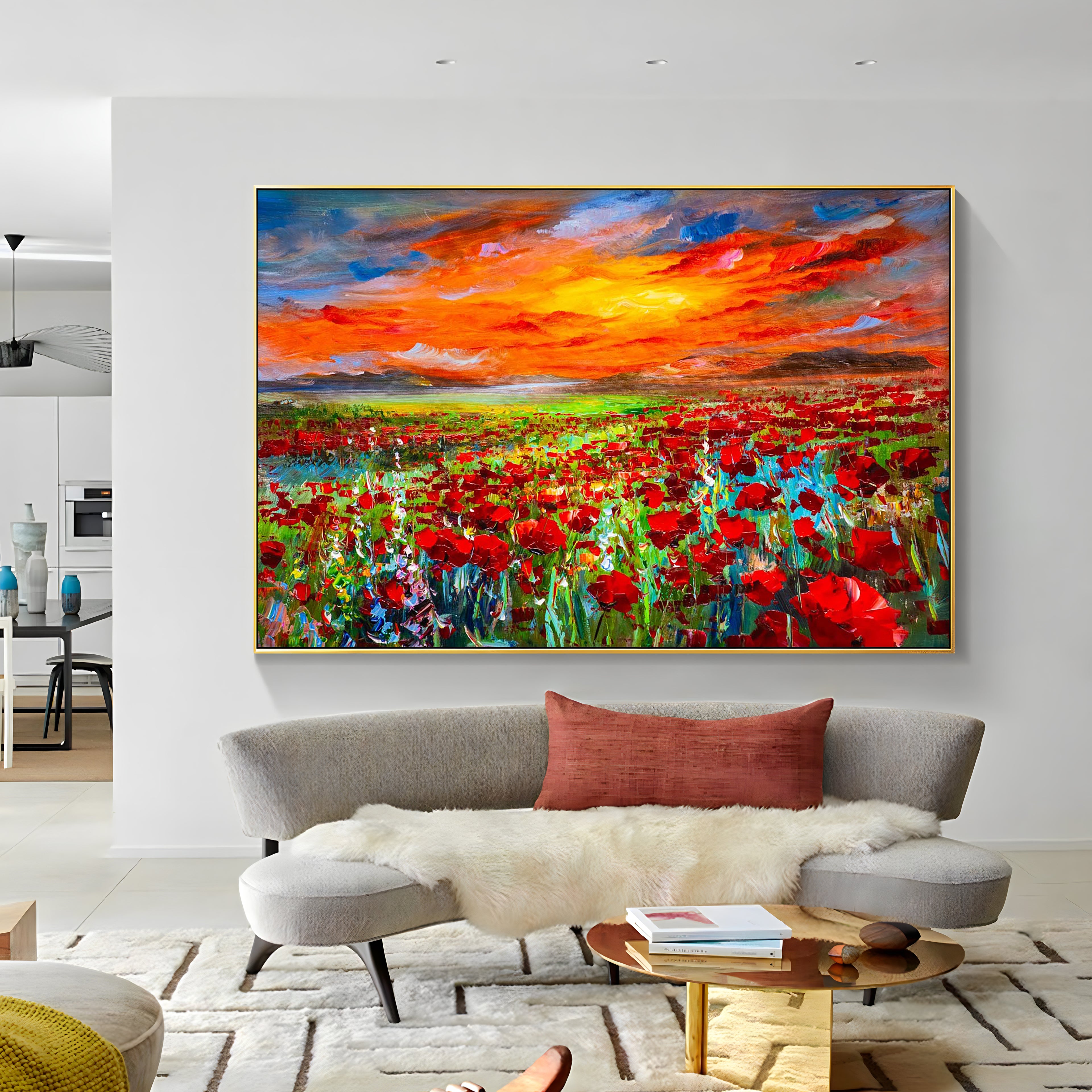 a living room filled with furniture and a painting on the wall