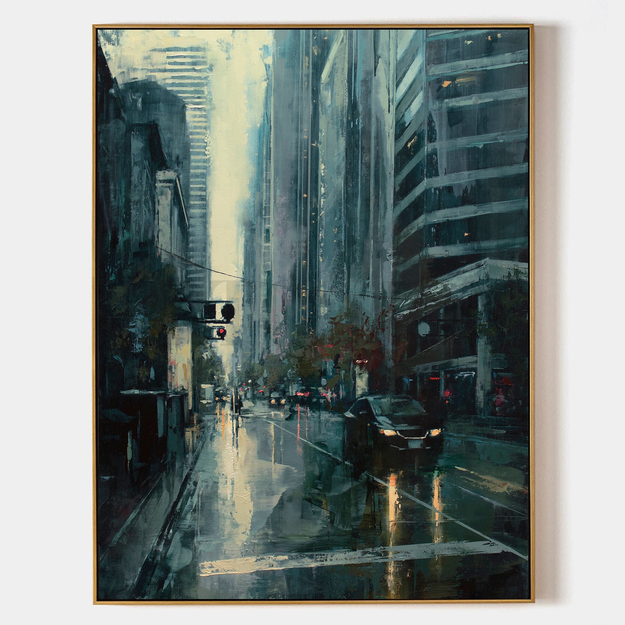 a painting of a city street at night