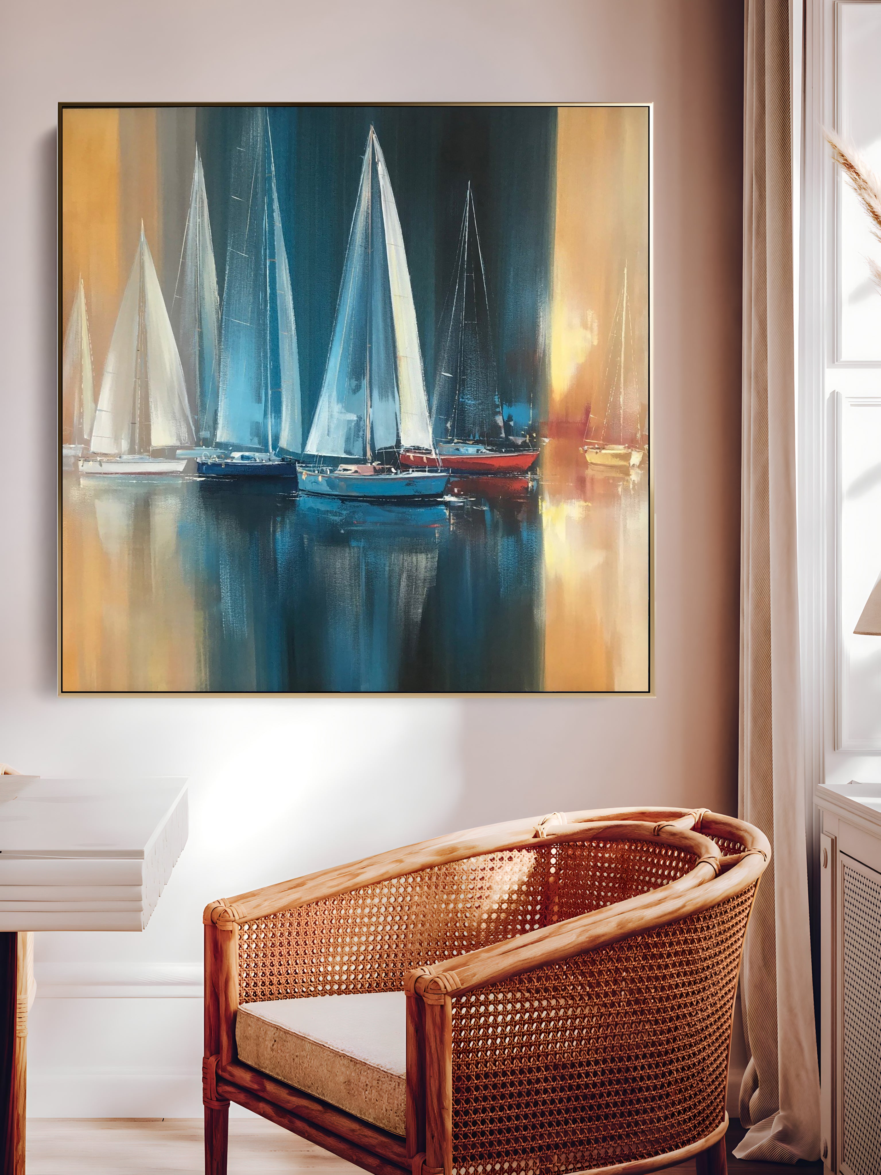 a painting of sailboats in a living room