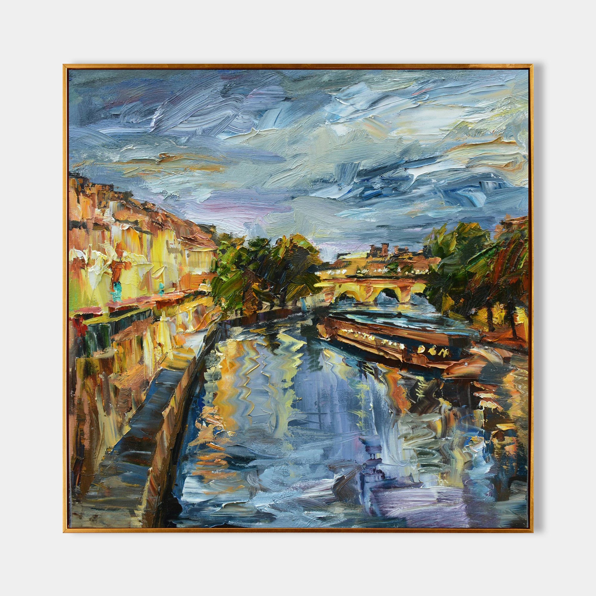 a painting of a river with boats on it