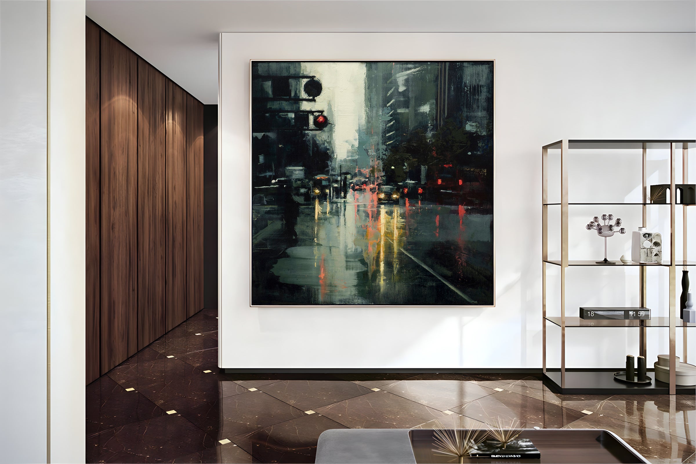a painting of a city street at night