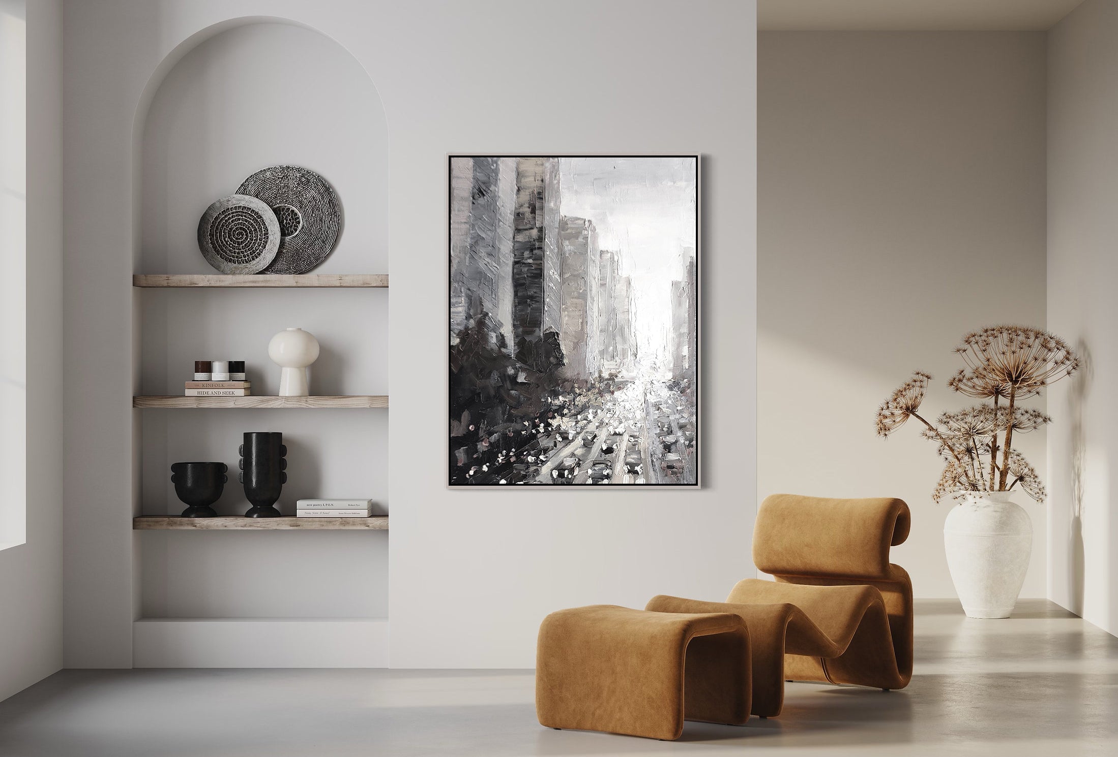 a living room with a large painting on the wall