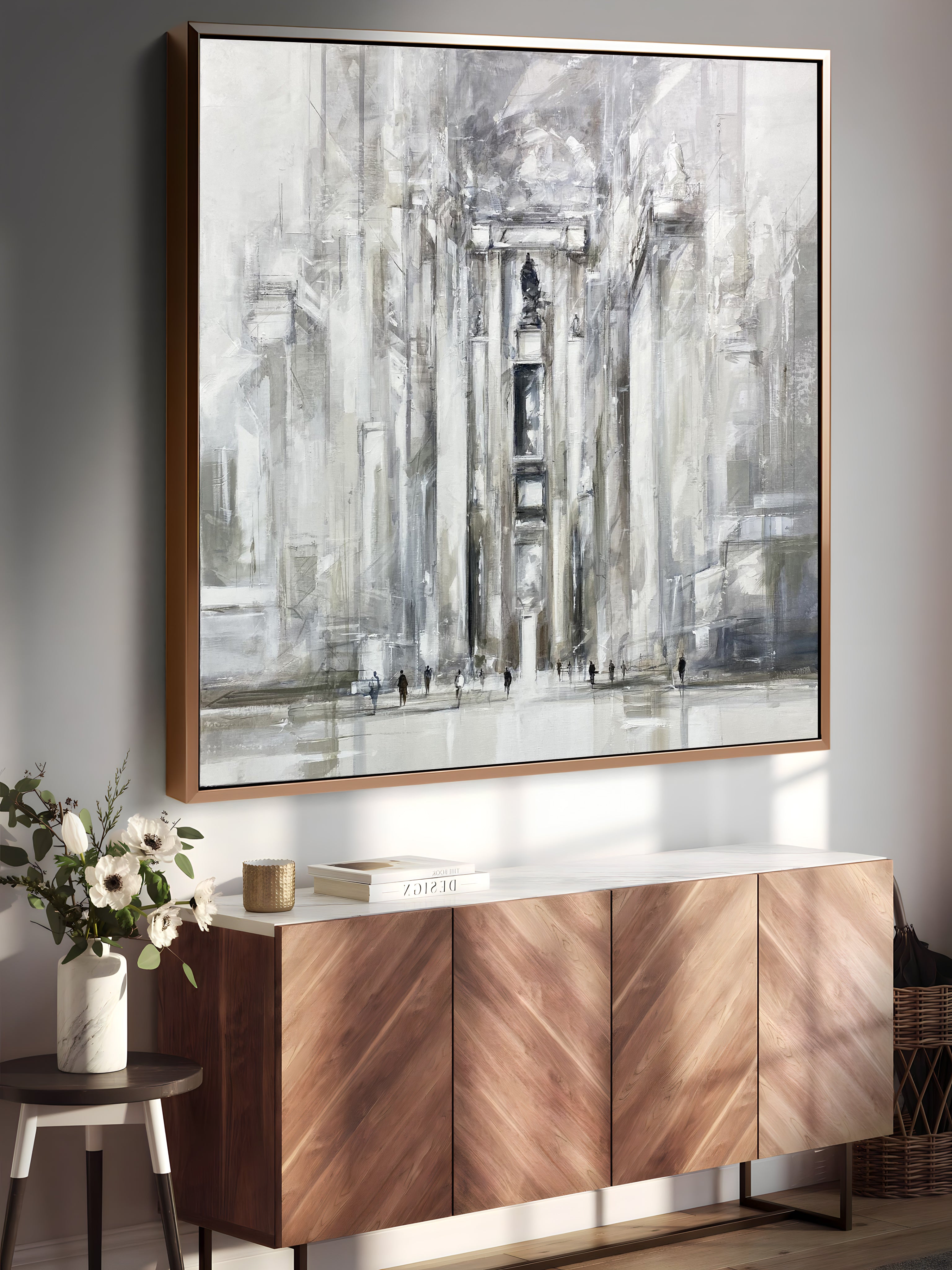 a painting hanging on a wall above a sideboard